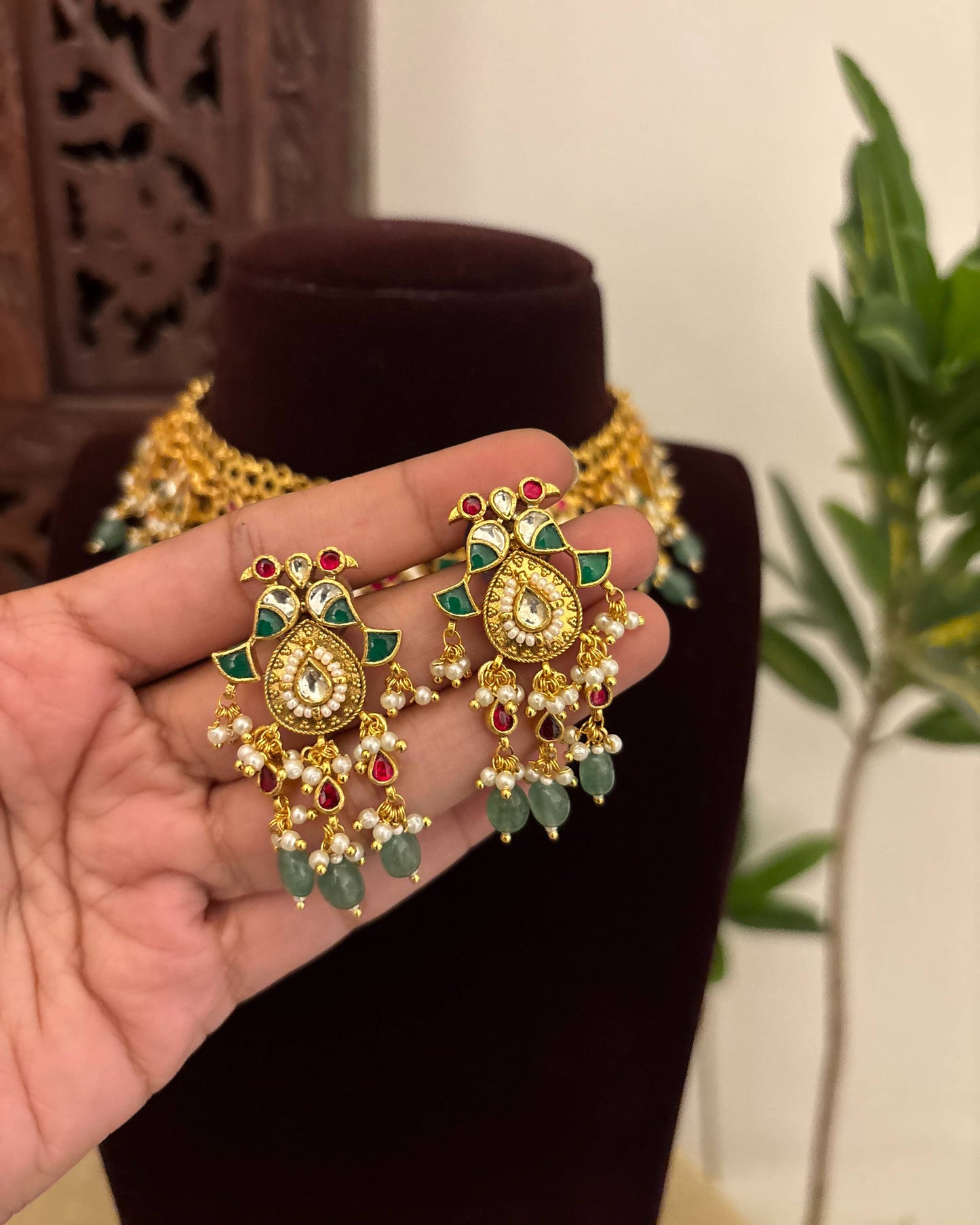 Multi Colour Jadau Kundan Statement Choker Necklace with Floral Center Pendant With Earrings  | NC662