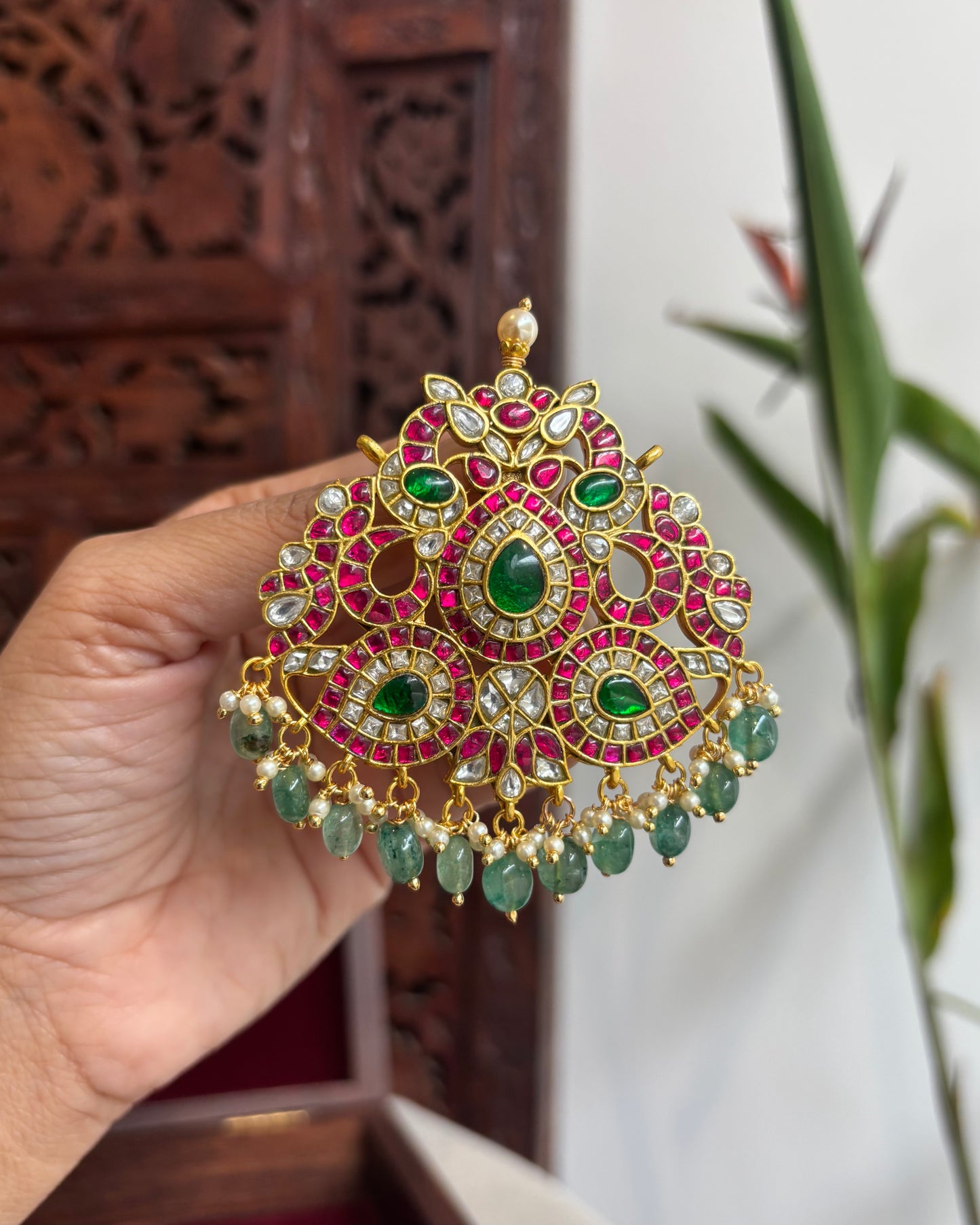 Statement Gold-Plated Grand Floral Jadau Kundan Pendant | HA202