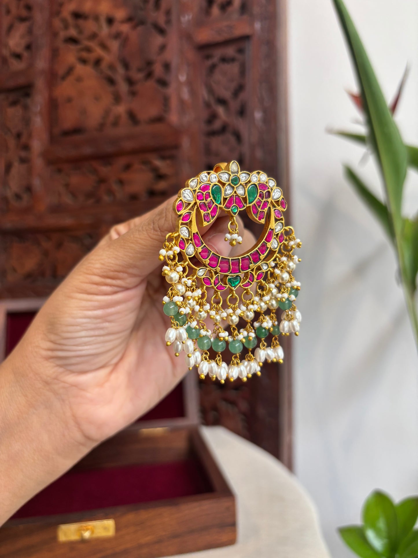 Floral Peacock Jadau Pendant with Pearls and Green Beads | HA204