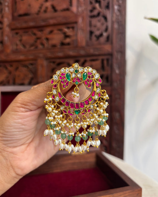 Floral Peacock Jadau Pendant with Pearls and Green Beads | HA204