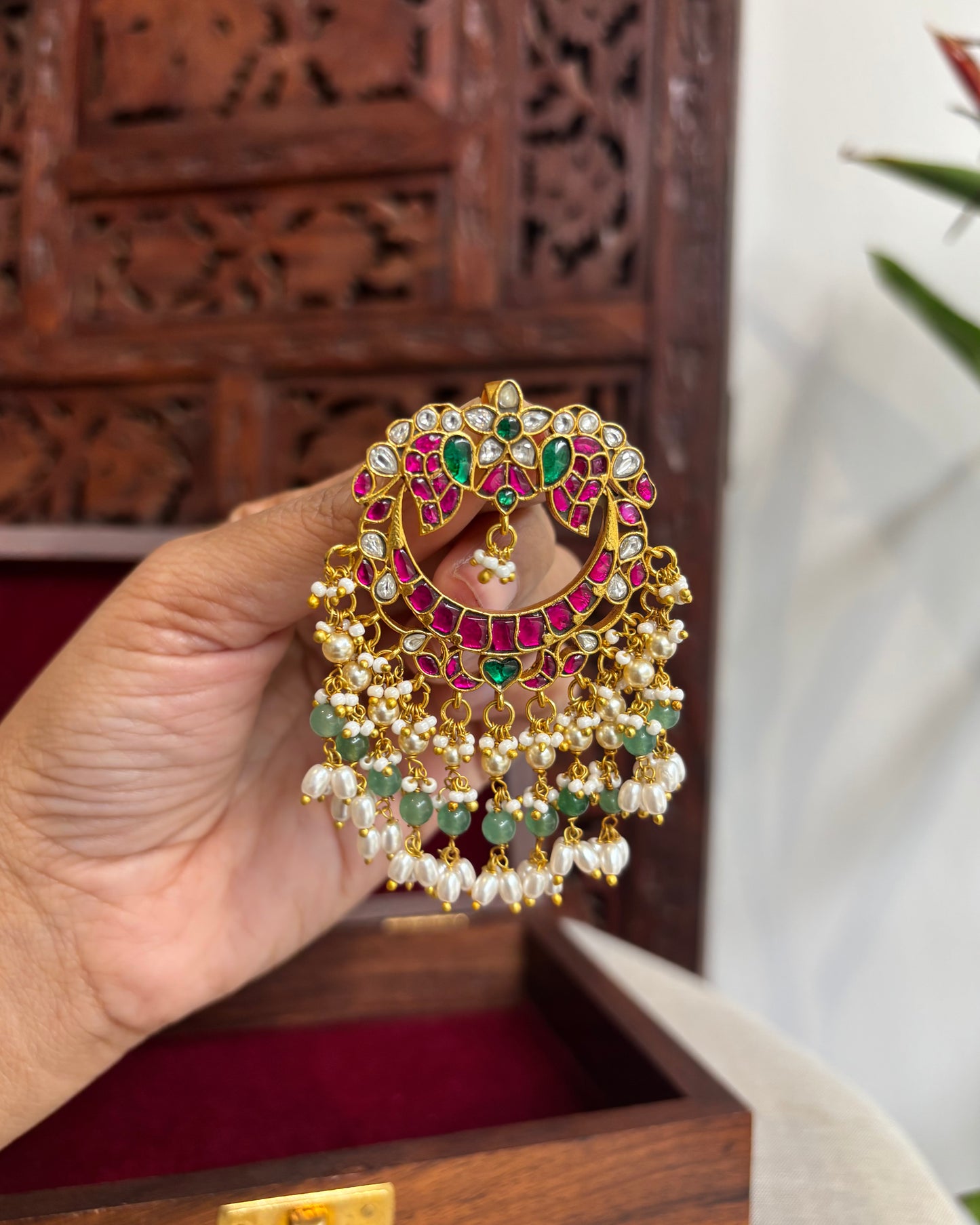 Floral Peacock Jadau Pendant with Pearls and Green Beads | HA204