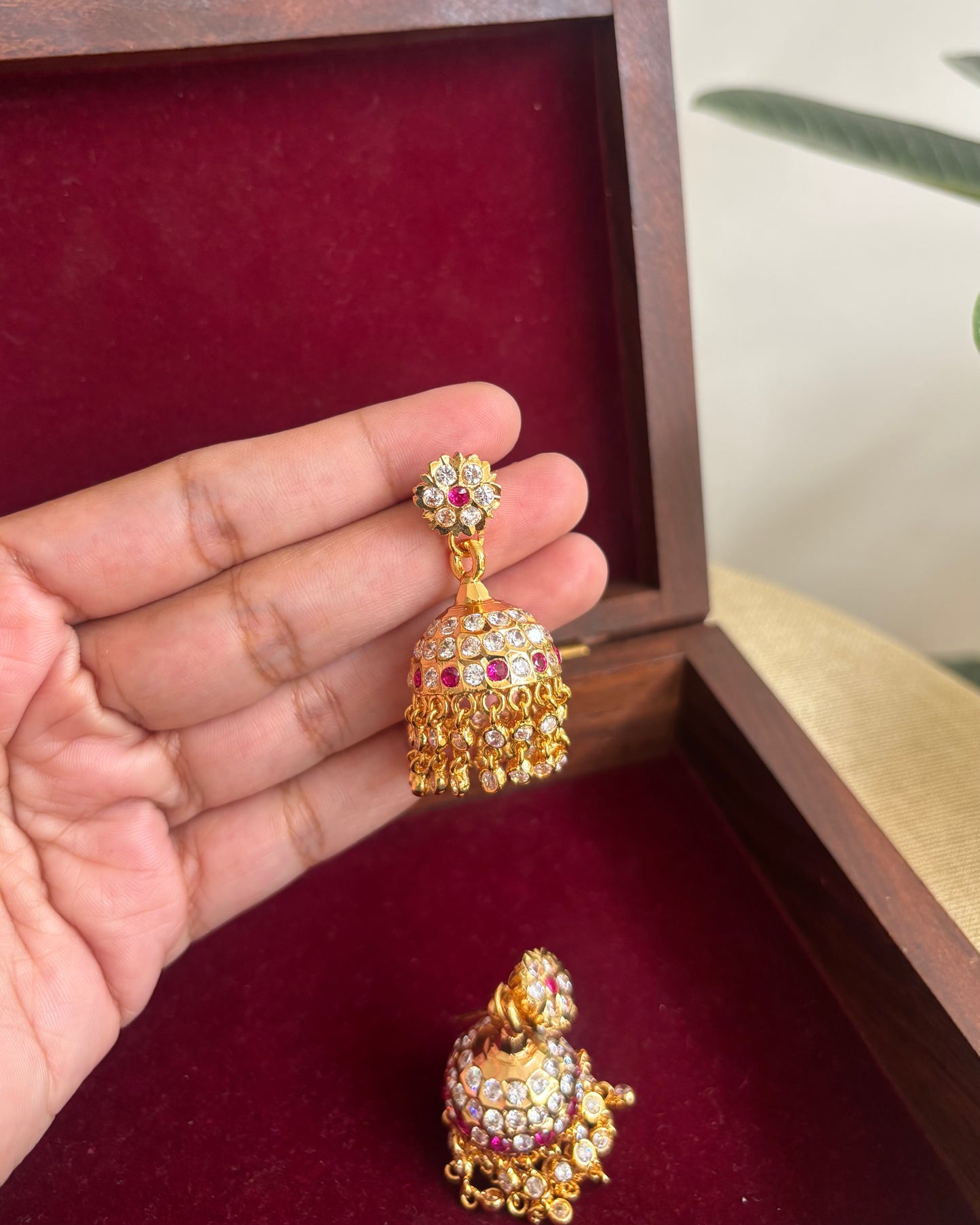 Vintage Impon Small Earrings – Classic Jhumkas | Ruby & White  | ER298