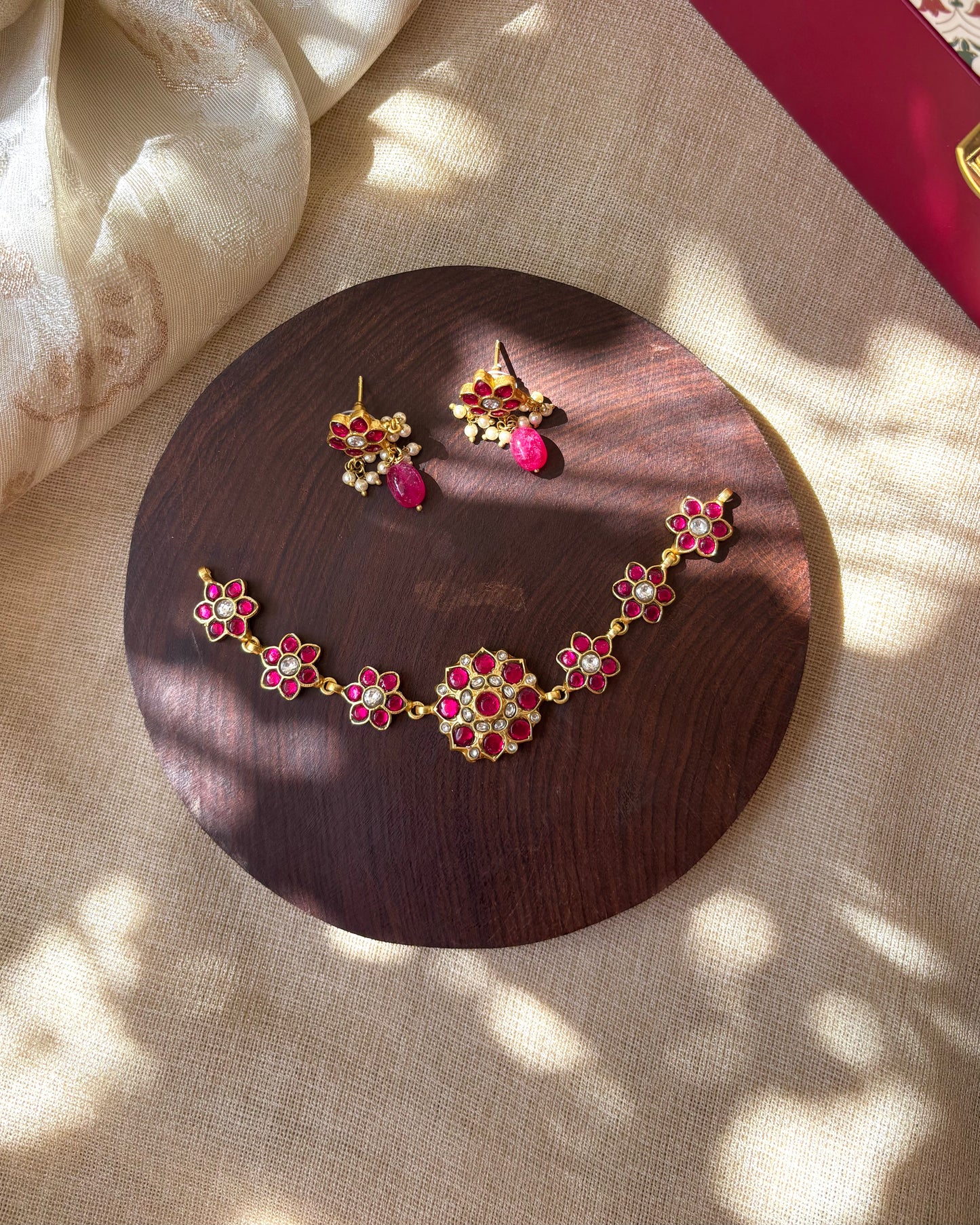 Gold-Plated Jadau Kundan Floral Choker Necklace Set with Matching Earrings | NC065
