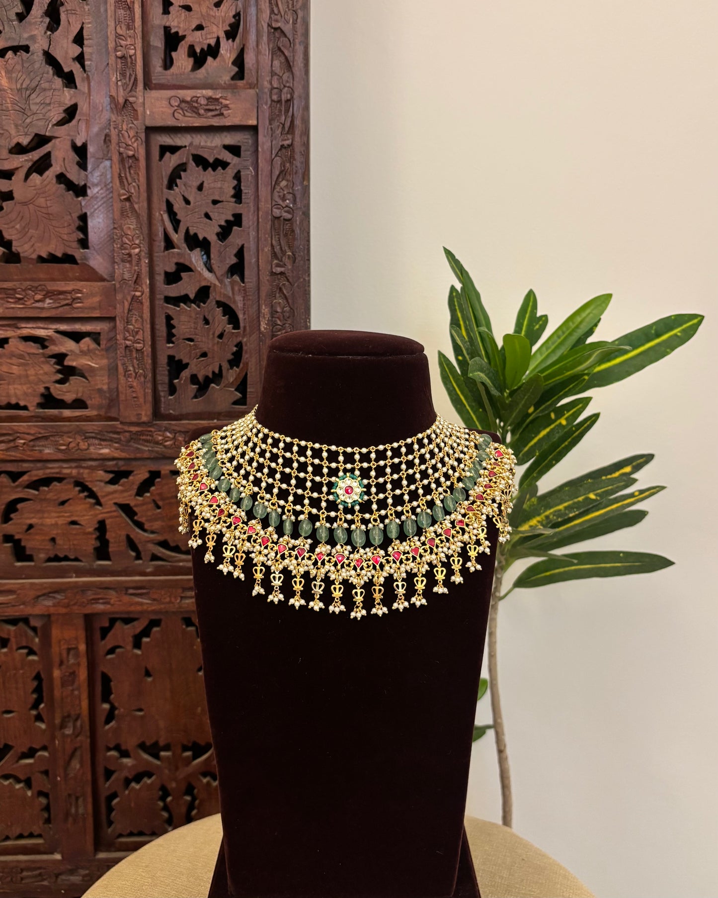 Hand-Strung Pearl Choker with Green Beads & Ruby Kundan Drops and Earrings  | NC665