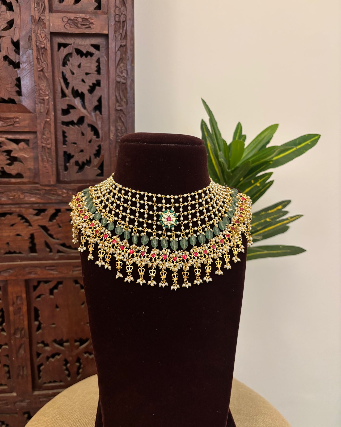 Hand-Strung Pearl Choker with Green Beads & Ruby Kundan Drops and Earrings  | NC665