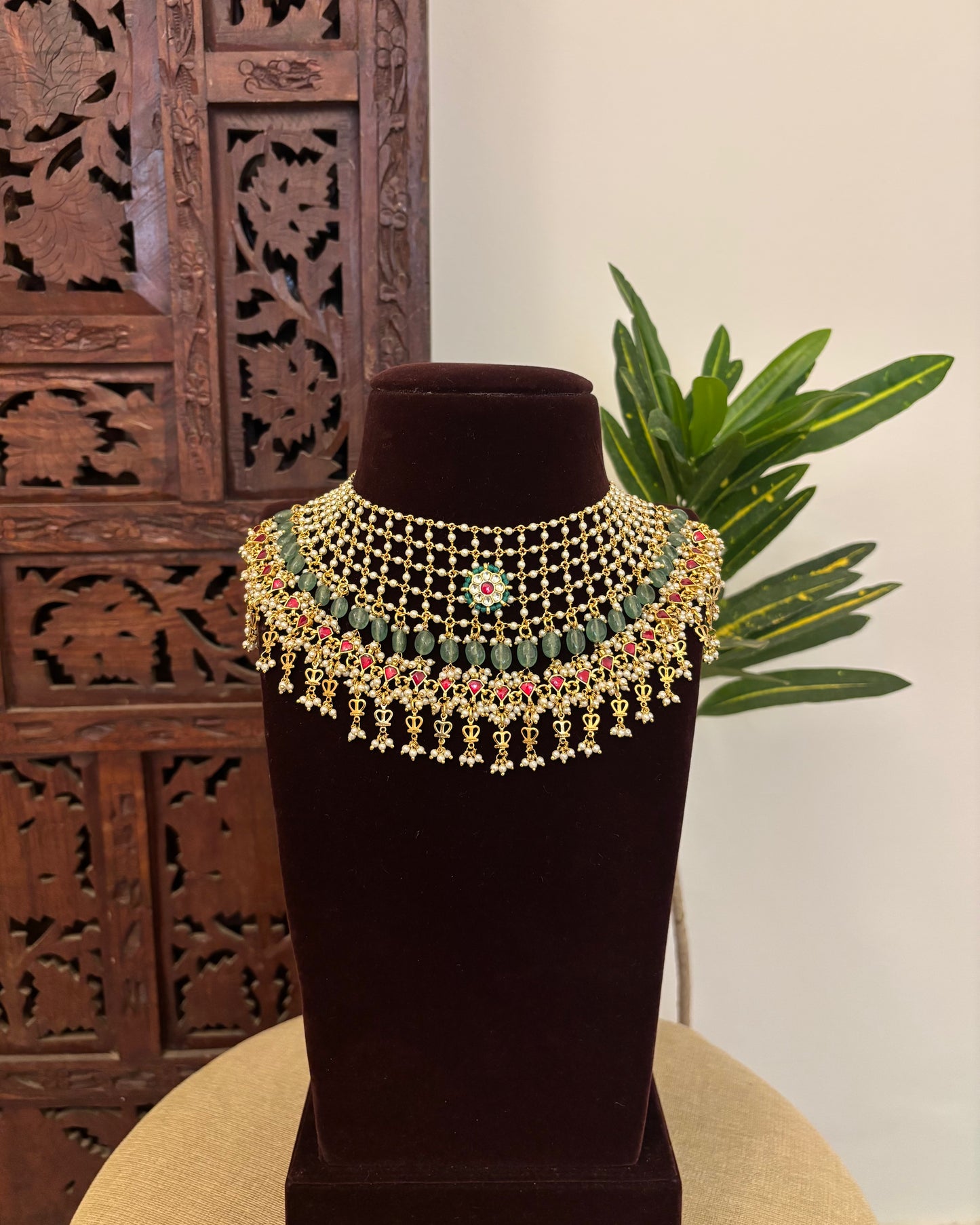 Hand-Strung Pearl Choker with Green Beads & Ruby Kundan Drops and Earrings  | NC665
