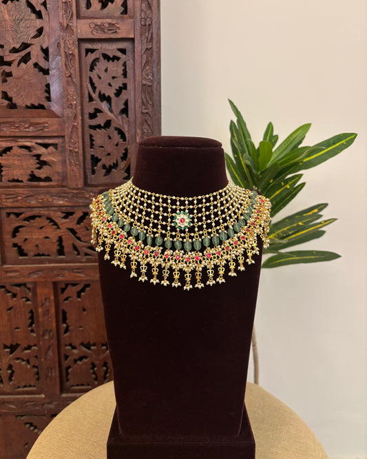 Hand-Strung Pearl Choker with Green Beads & Ruby Kundan Drops and Earrings  | NC665