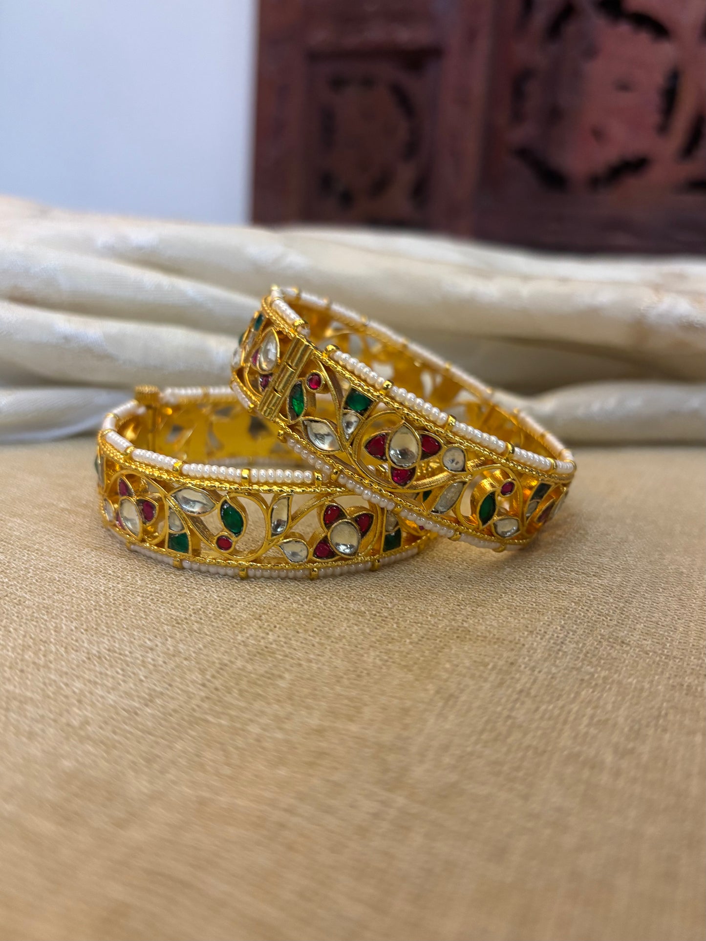 Jadau Kundan Gold Plated Bangles — Multicolor with Pearl Detailing | BA013