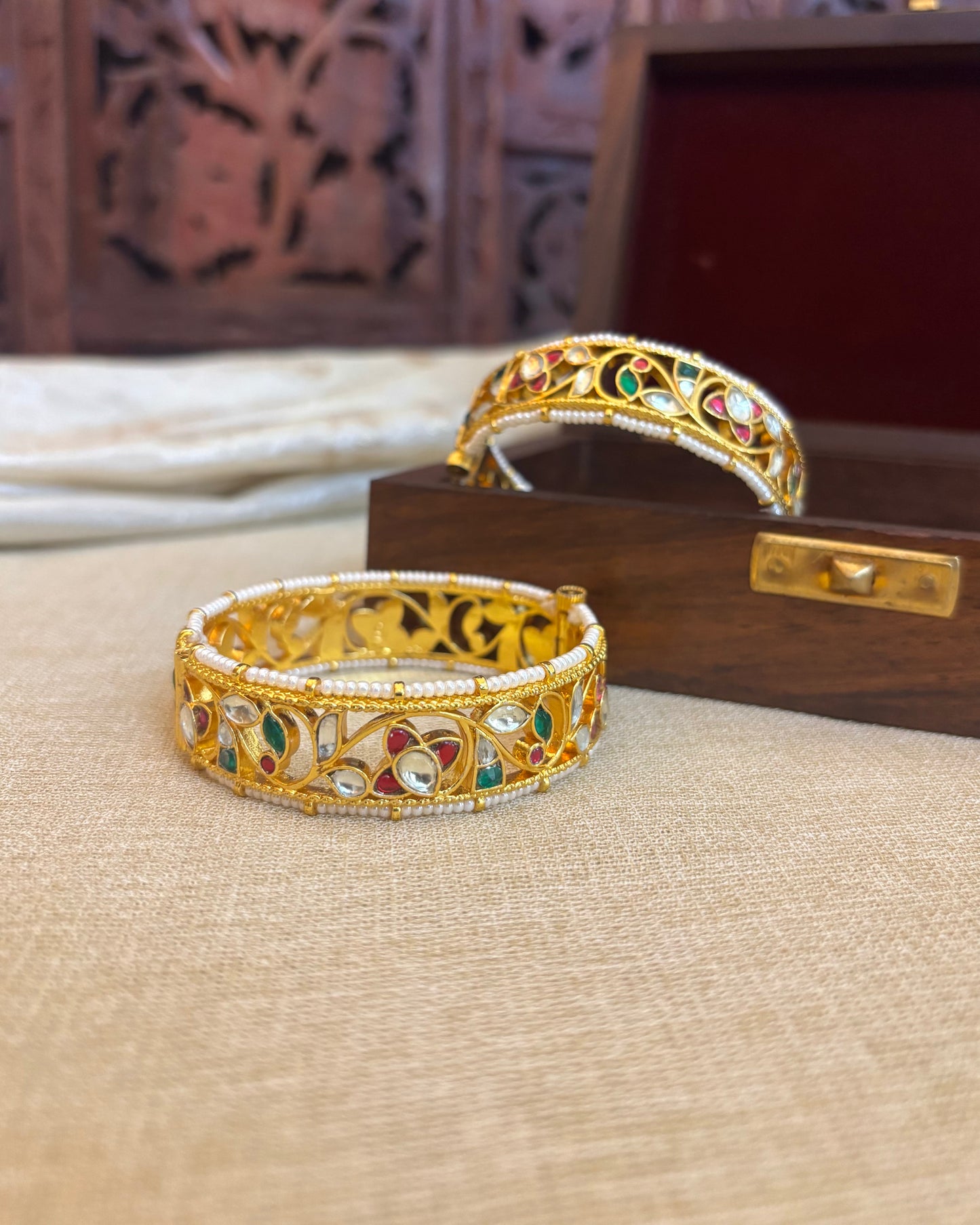 Jadau Kundan Gold Plated Bangles — Multicolor with Pearl Detailing | BA013