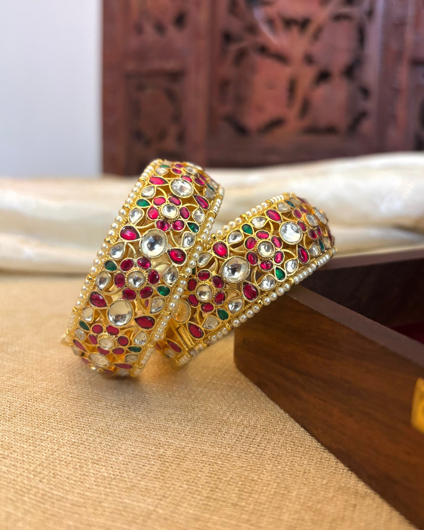 Jadau Kundan Gold Plated Bangles — Multicolor with Pearl Detailing | BA016