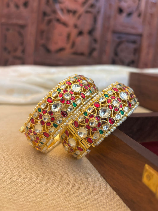 Jadau Kundan Gold Plated Bangles — Multicolor with Pearl Detailing | BA016