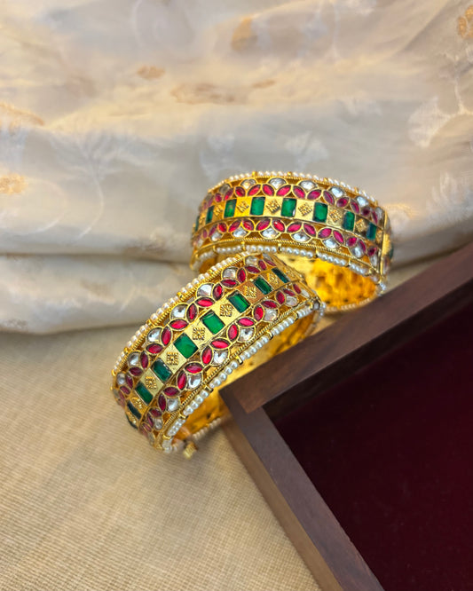 Jadau Kundan Gold Plated Bangles — Multicolor with Pearl Detailing | BA012
