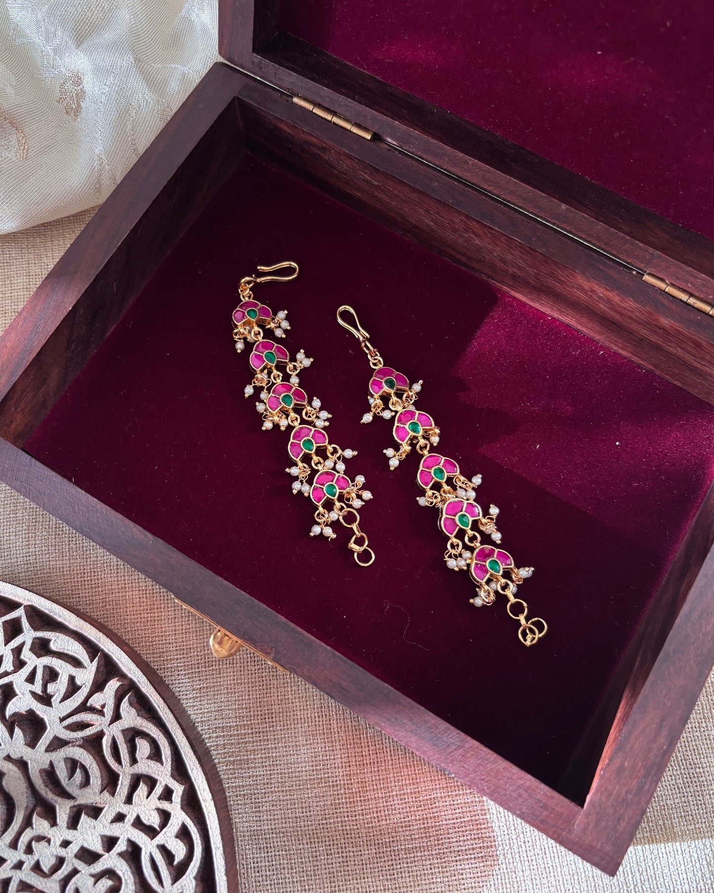 Floral Jadau Kundan Straight Ear Chain – Green & Pink | EC035
