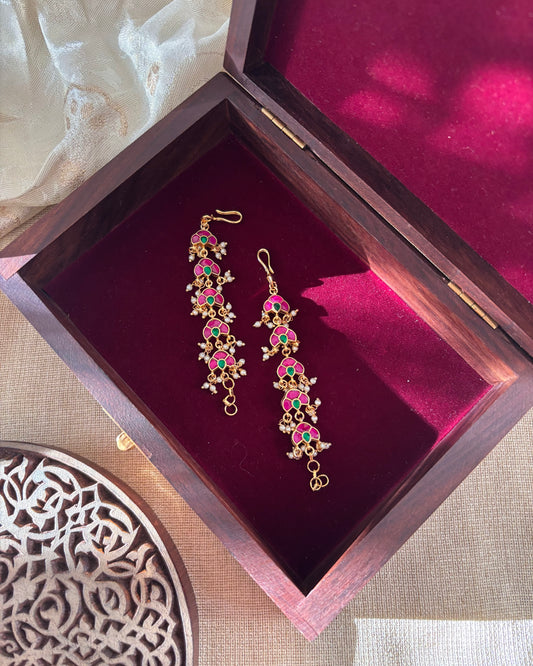 Floral Jadau Kundan Straight Ear Chain – Green & Pink | EC035