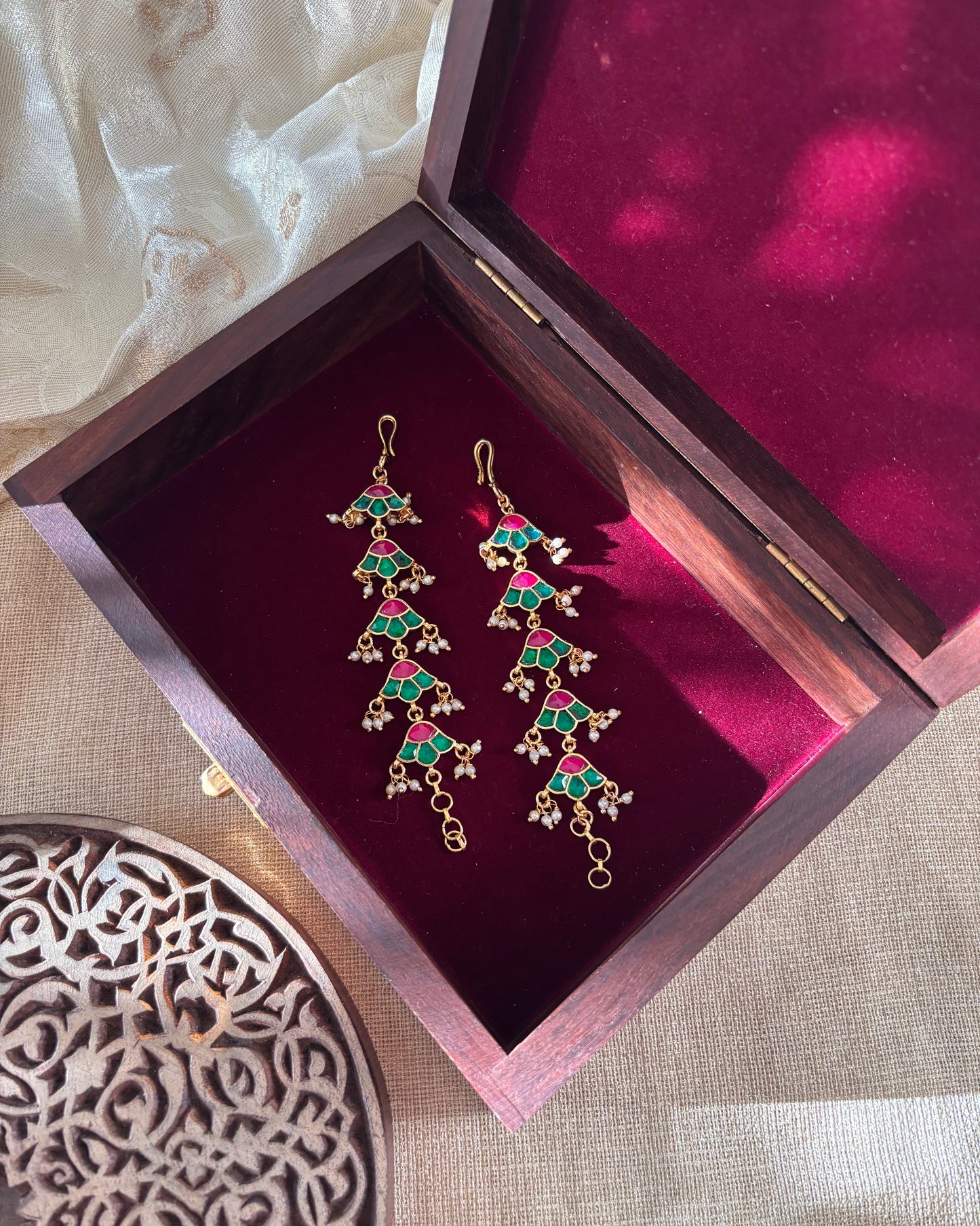 Floral Jadau Kundan Straight Ear Chain – Green & Pink | EC034