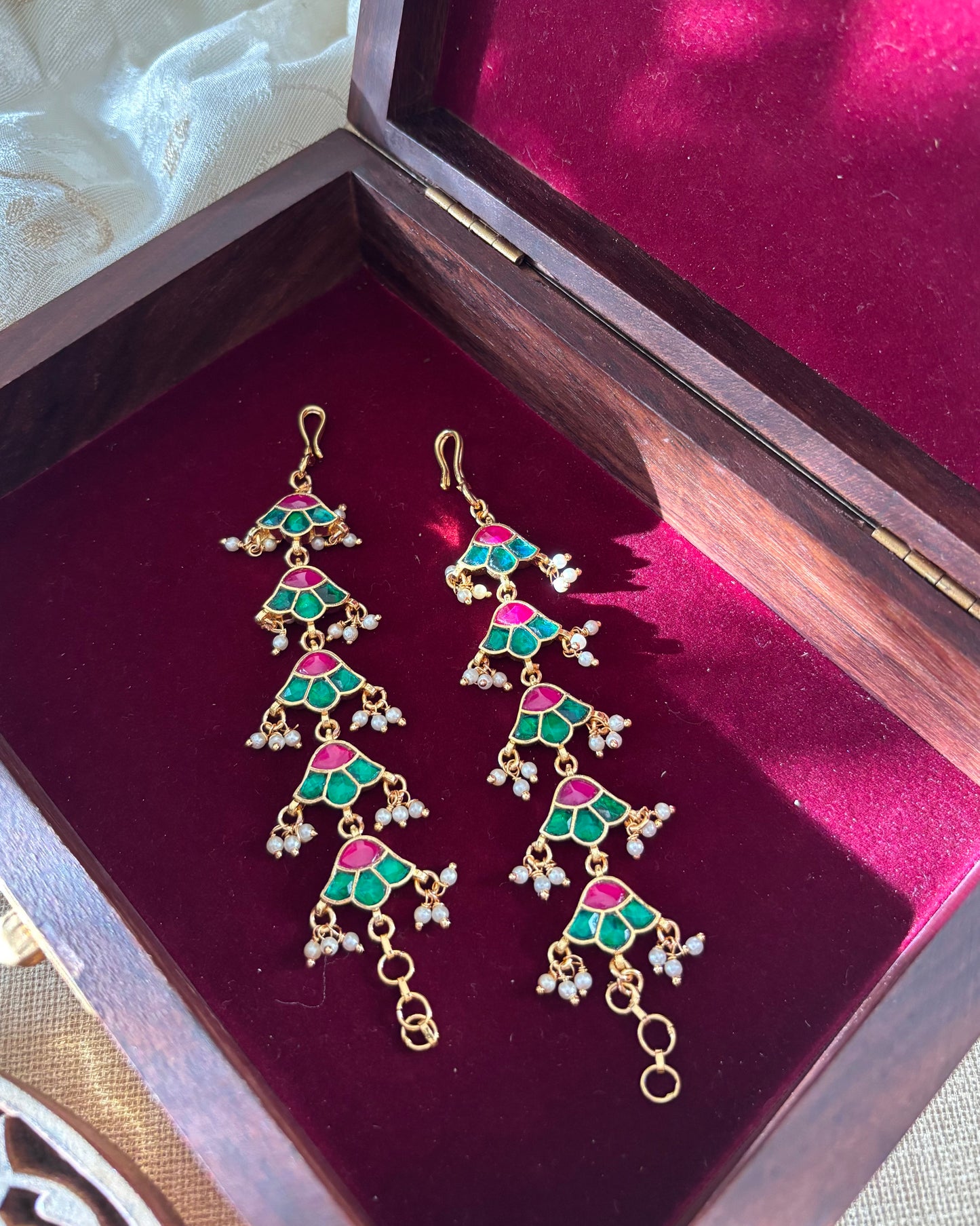 Floral Jadau Kundan Straight Ear Chain – Green & Pink | EC034