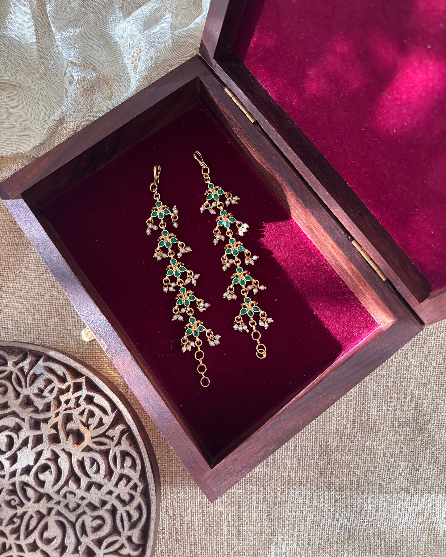 Floral Jadau Kundan Straight Ear Chain – Green | EC036