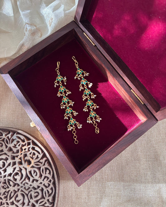 Floral Jadau Kundan Straight Ear Chain – Green | EC036