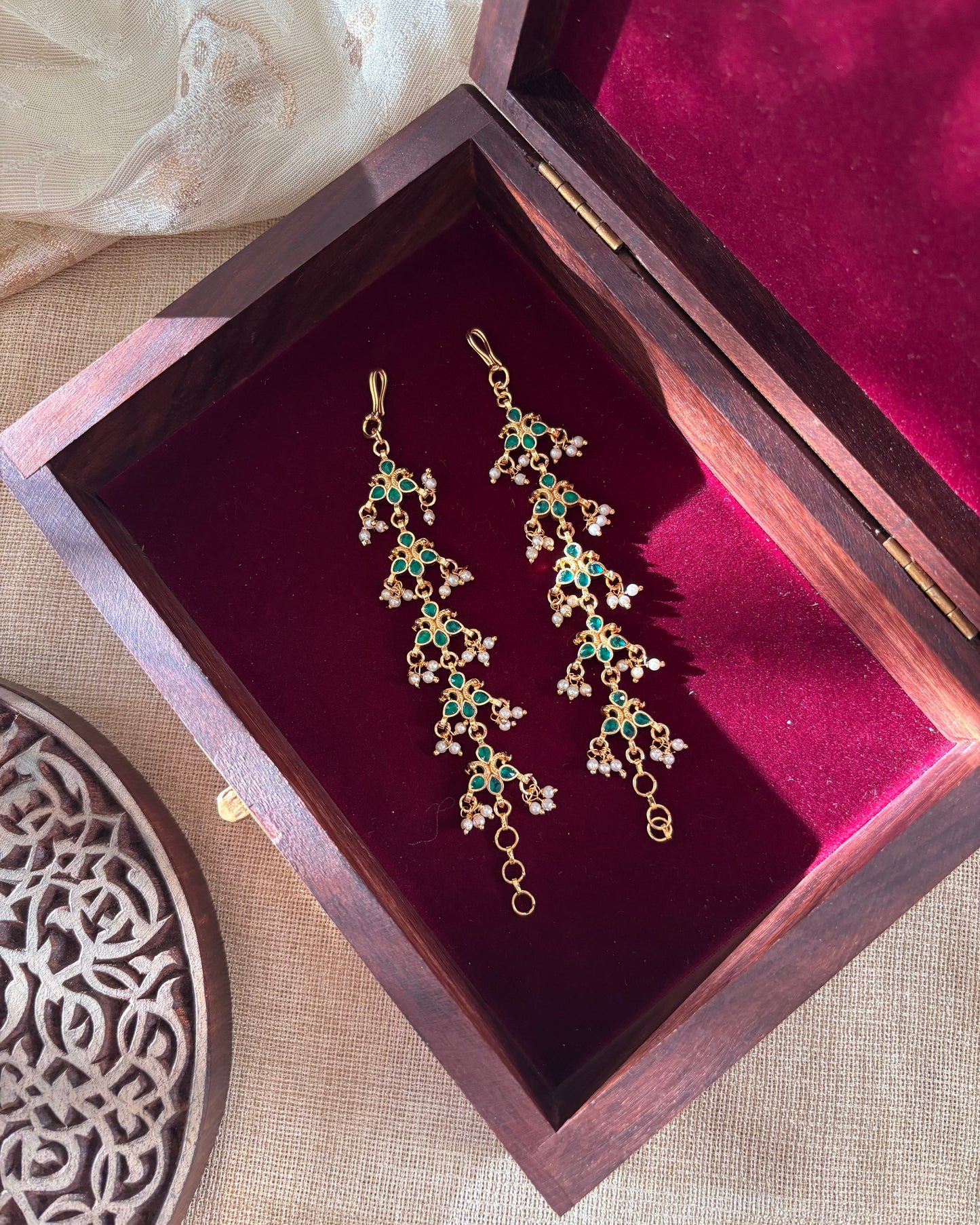 Floral Jadau Kundan Straight Ear Chain – Green | EC036
