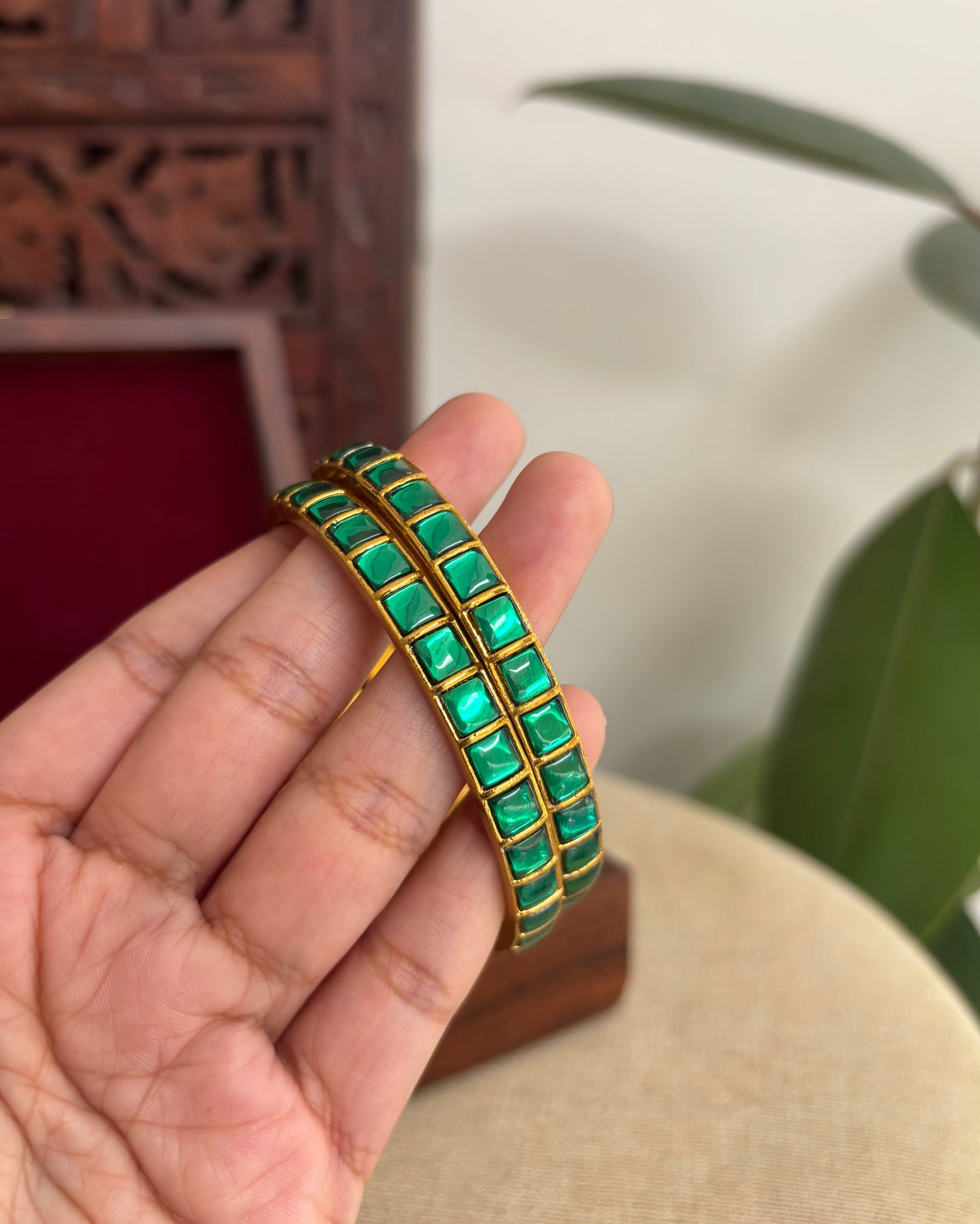 Minimal Green Jadau Kundan Bangles | BA035