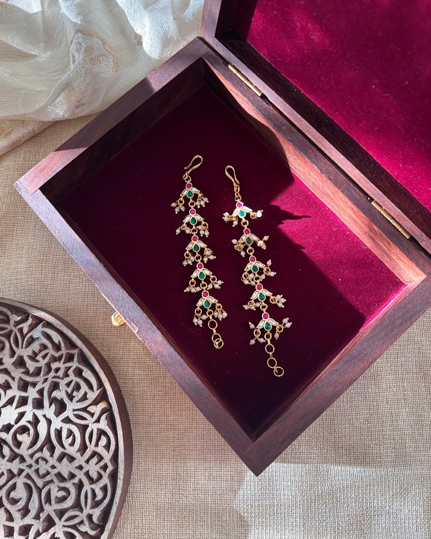 Floral Jadau Kundan Straight Ear Chain – Multicolor | EC037
