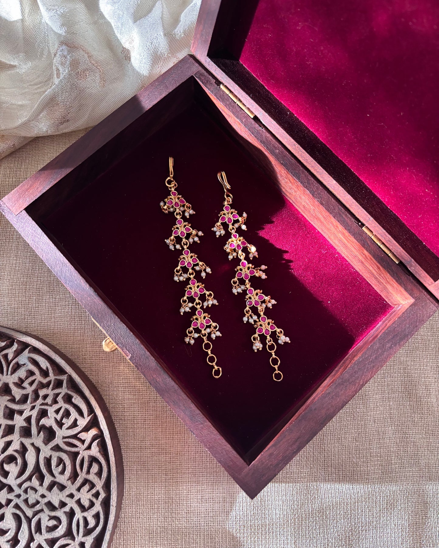 Floral Jadau Kundan Straight Ear Chain – Pink | EC038