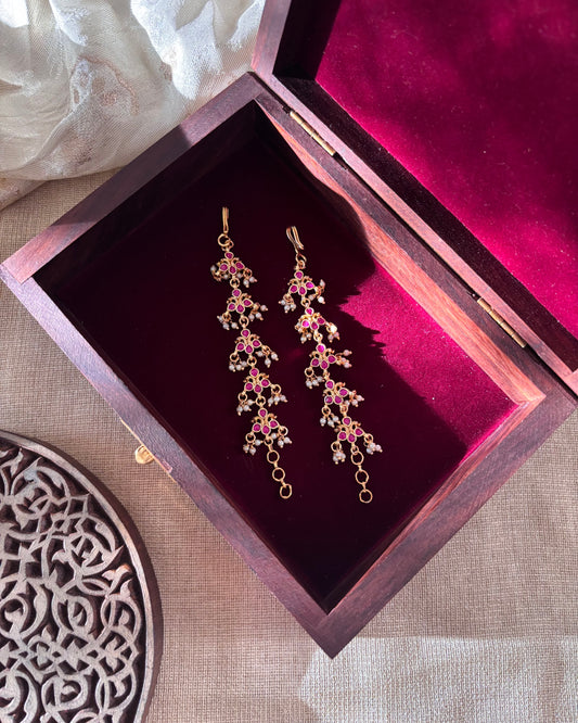 Floral Jadau Kundan Straight Ear Chain – Pink | EC038
