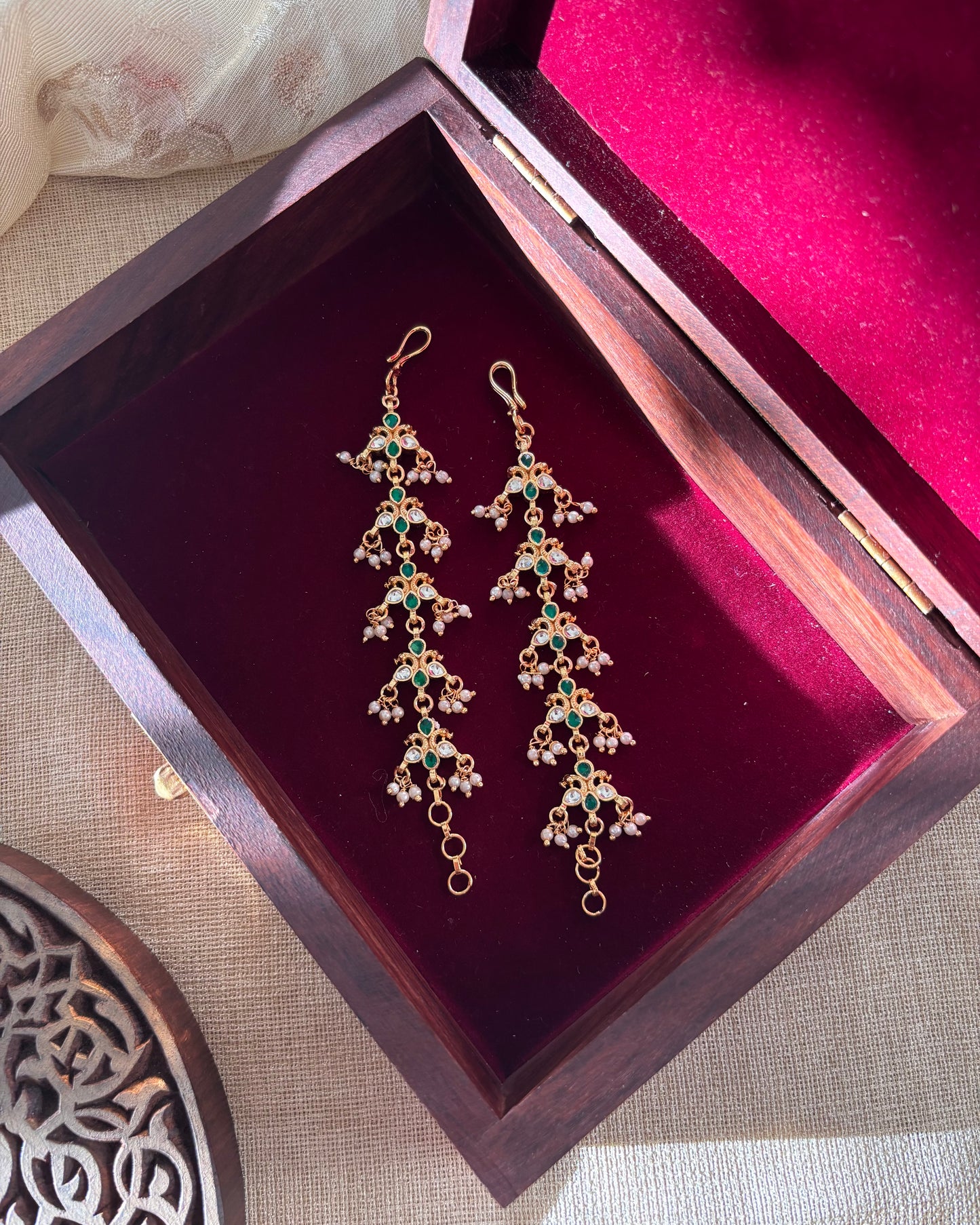 Floral Jadau Kundan Straight Ear Chain – Green & White | EC039