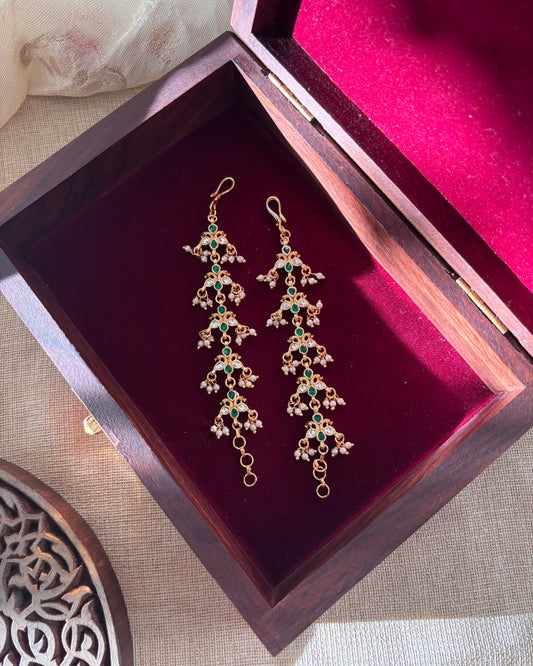 Floral Jadau Kundan Straight Ear Chain – Green & White | EC039