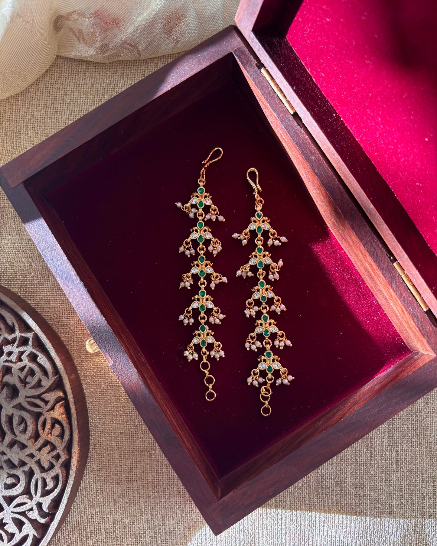 Floral Jadau Kundan Straight Ear Chain – Green & White | EC039