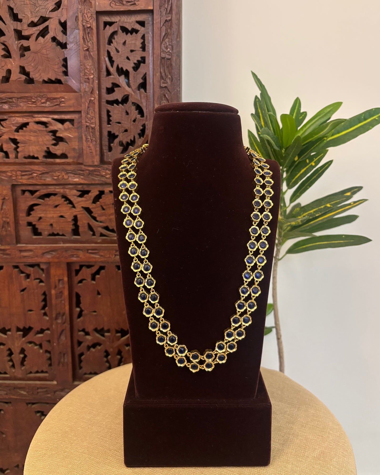 2 in 1 Floral Motif Two Layer Necklace – Ruby and Blue | NC667