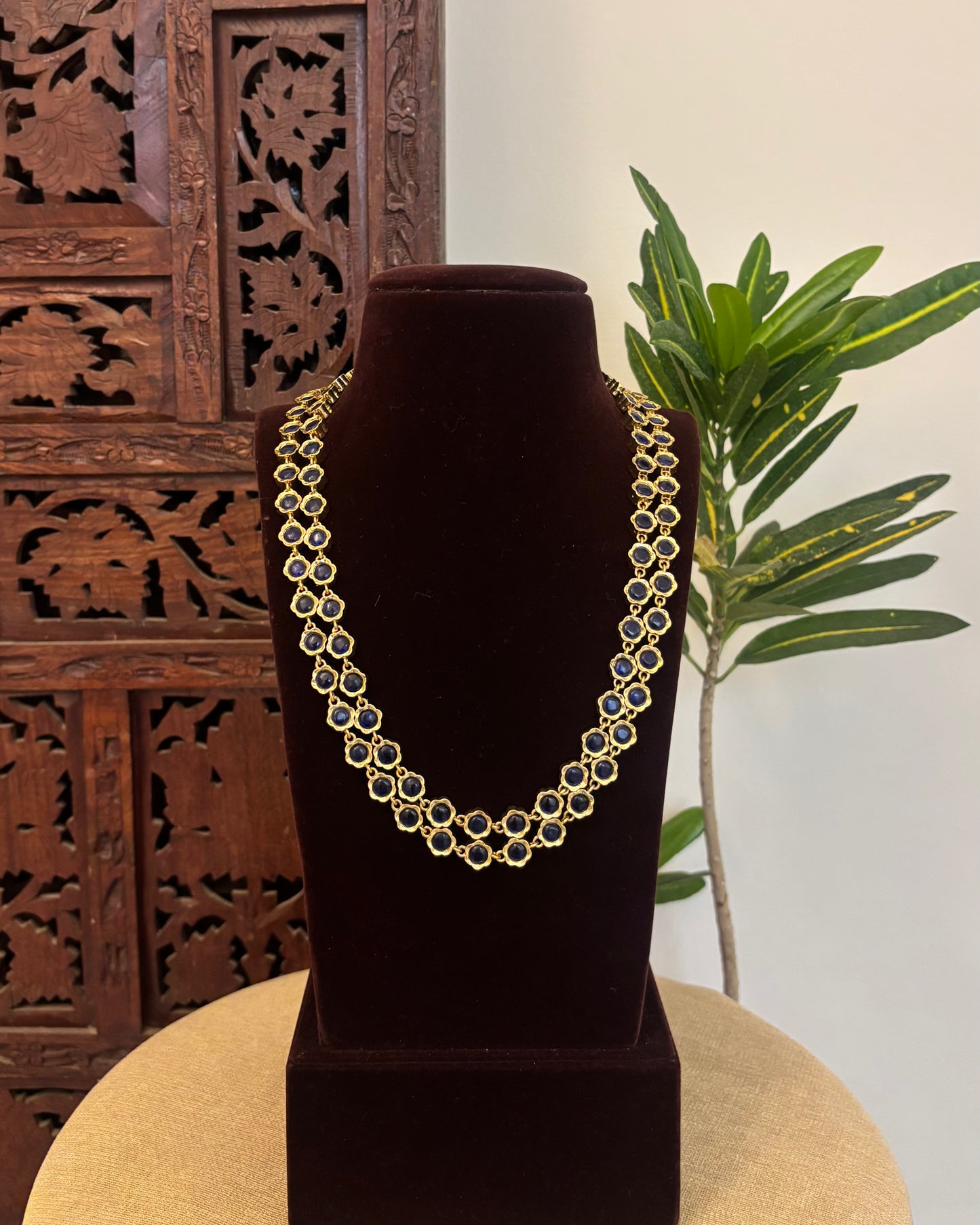 2 in 1 Floral Motif Two Layer Necklace – Ruby and Blue | NC667