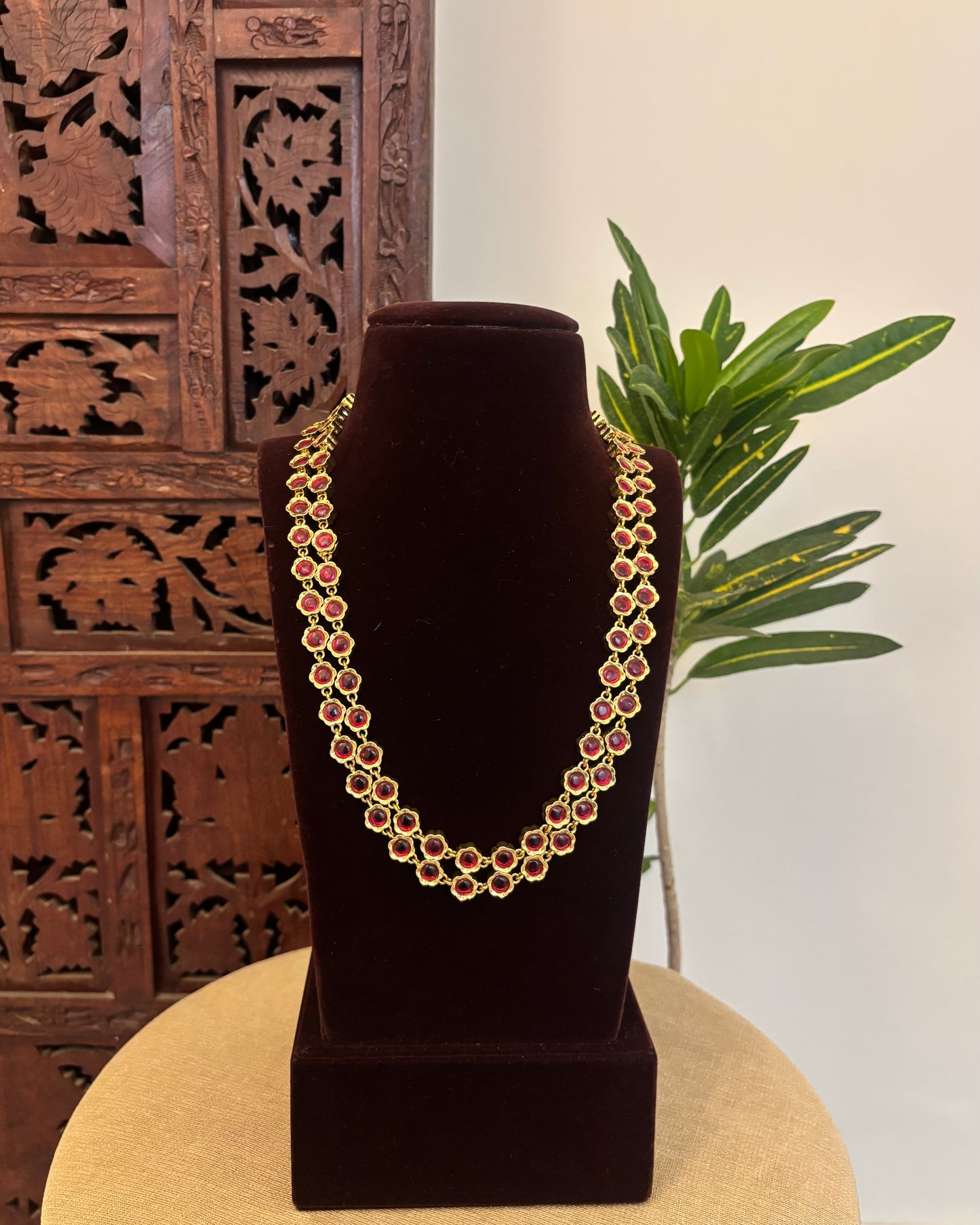 2 in 1 Floral Motif Two Layer Necklace – Ruby and Blue | NC667