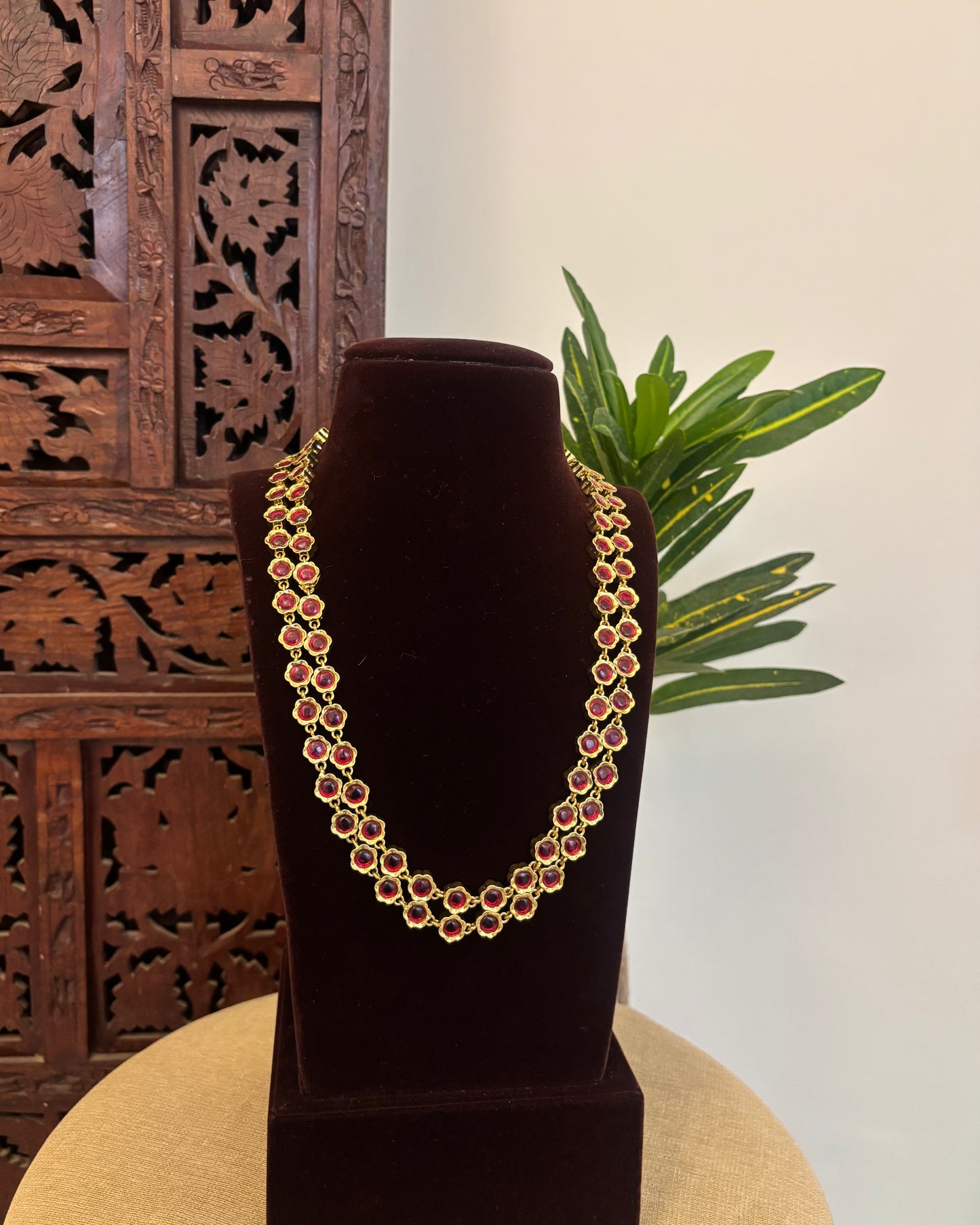 2 in 1 Floral Motif Two Layer Necklace – Ruby and Blue | NC667