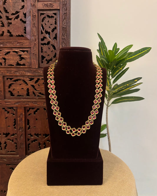 2 in 1 Floral Motif Two Layer Necklace – Ruby and Green | NC669