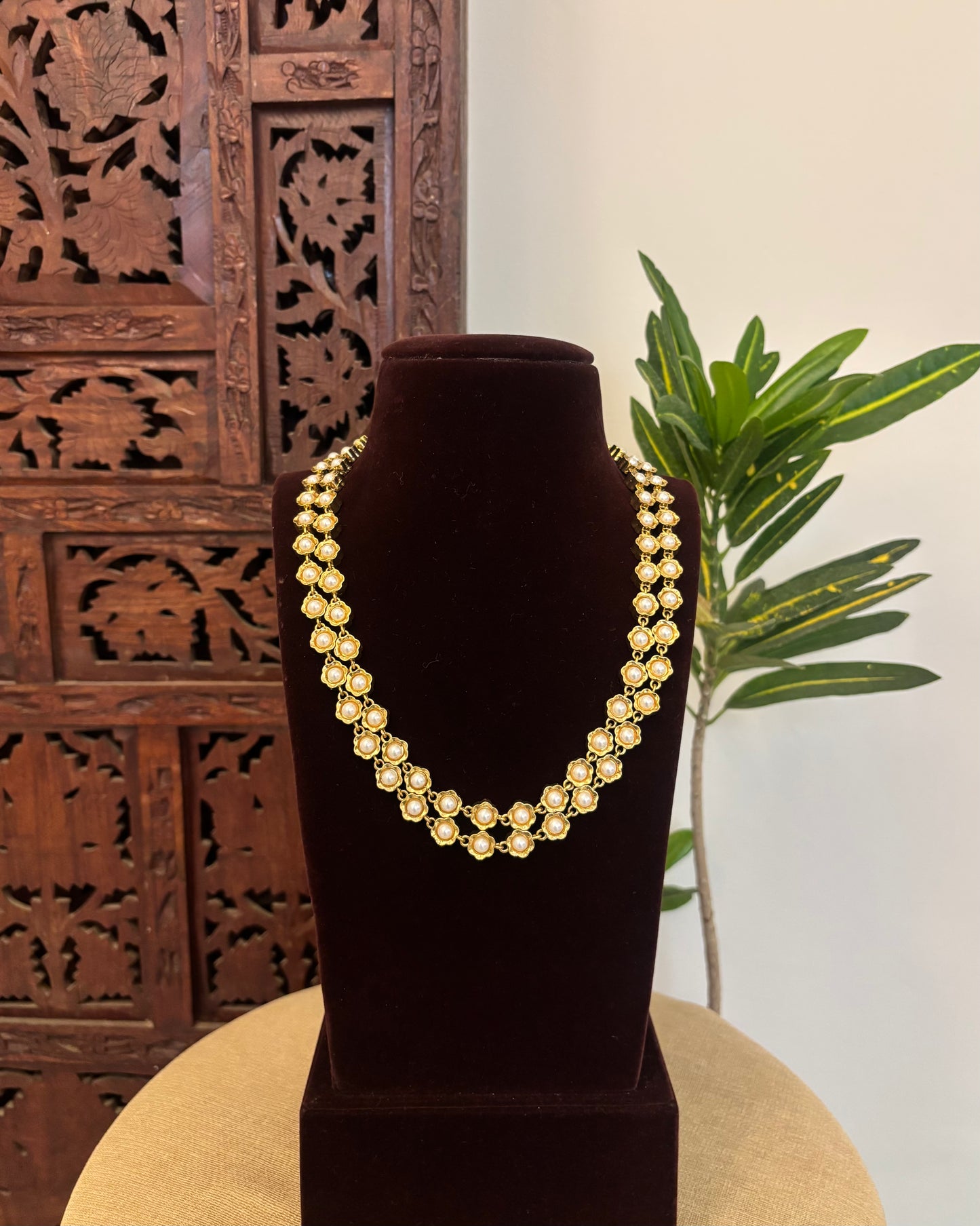 2 in 1 Floral Motif Two Layer Necklace – Pearl and Green | NC668