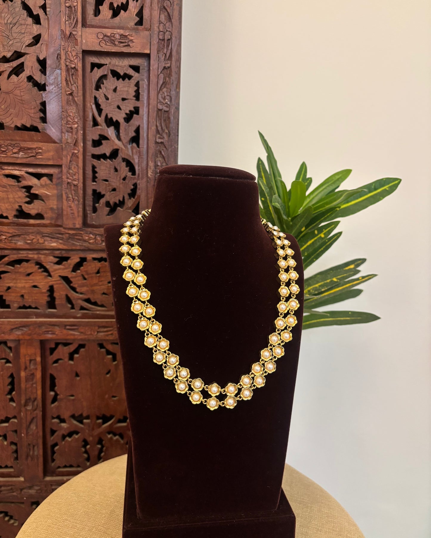 2 in 1 Floral Motif Two Layer Necklace – Pearl and Green | NC668