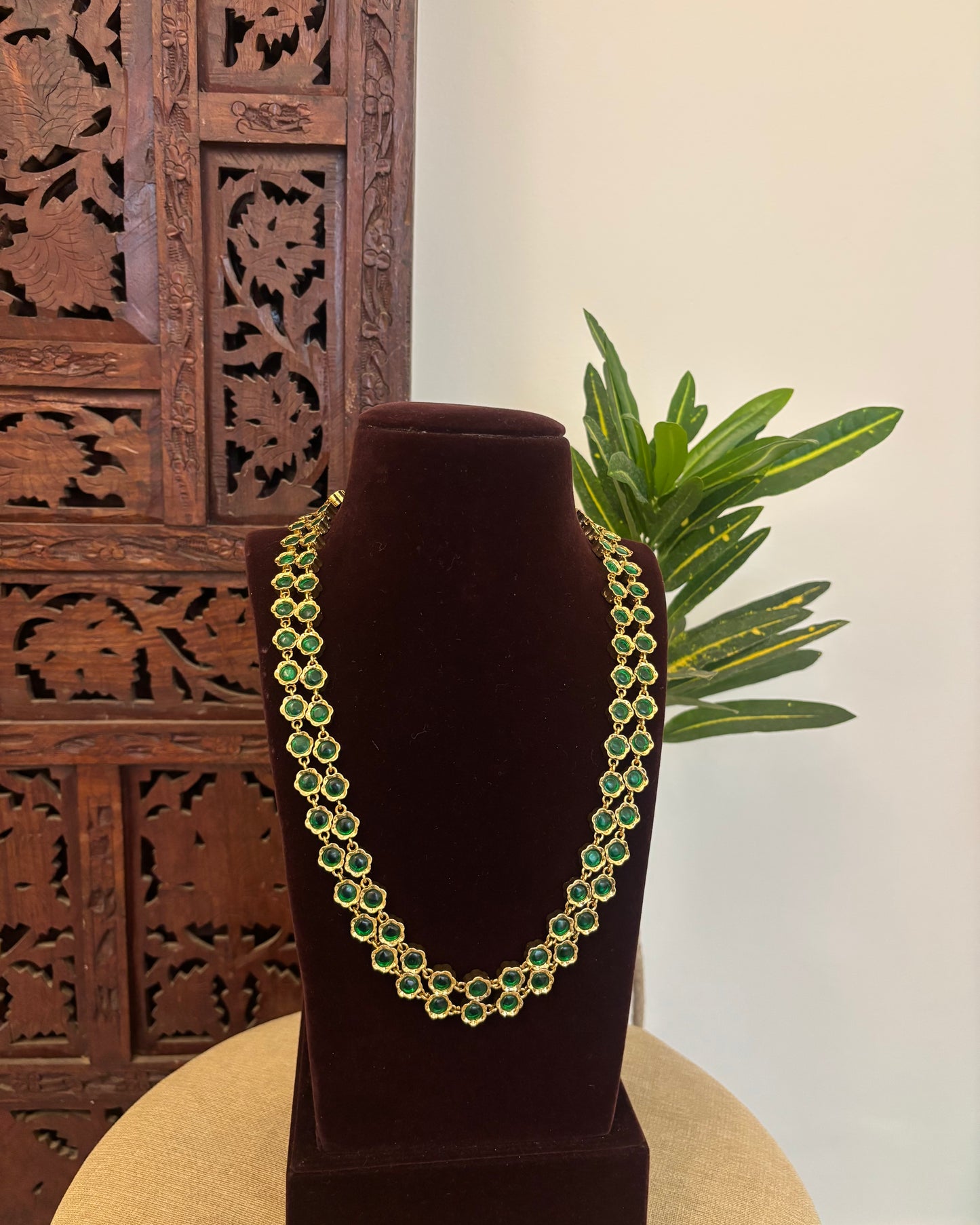 2 in 1 Floral Motif Two Layer Necklace – Pearl and Green | NC668