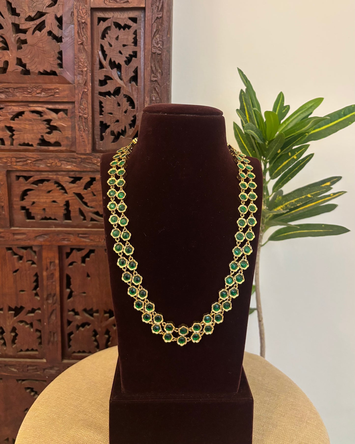 2 in 1 Floral Motif Two Layer Necklace – Pearl and Green | NC668