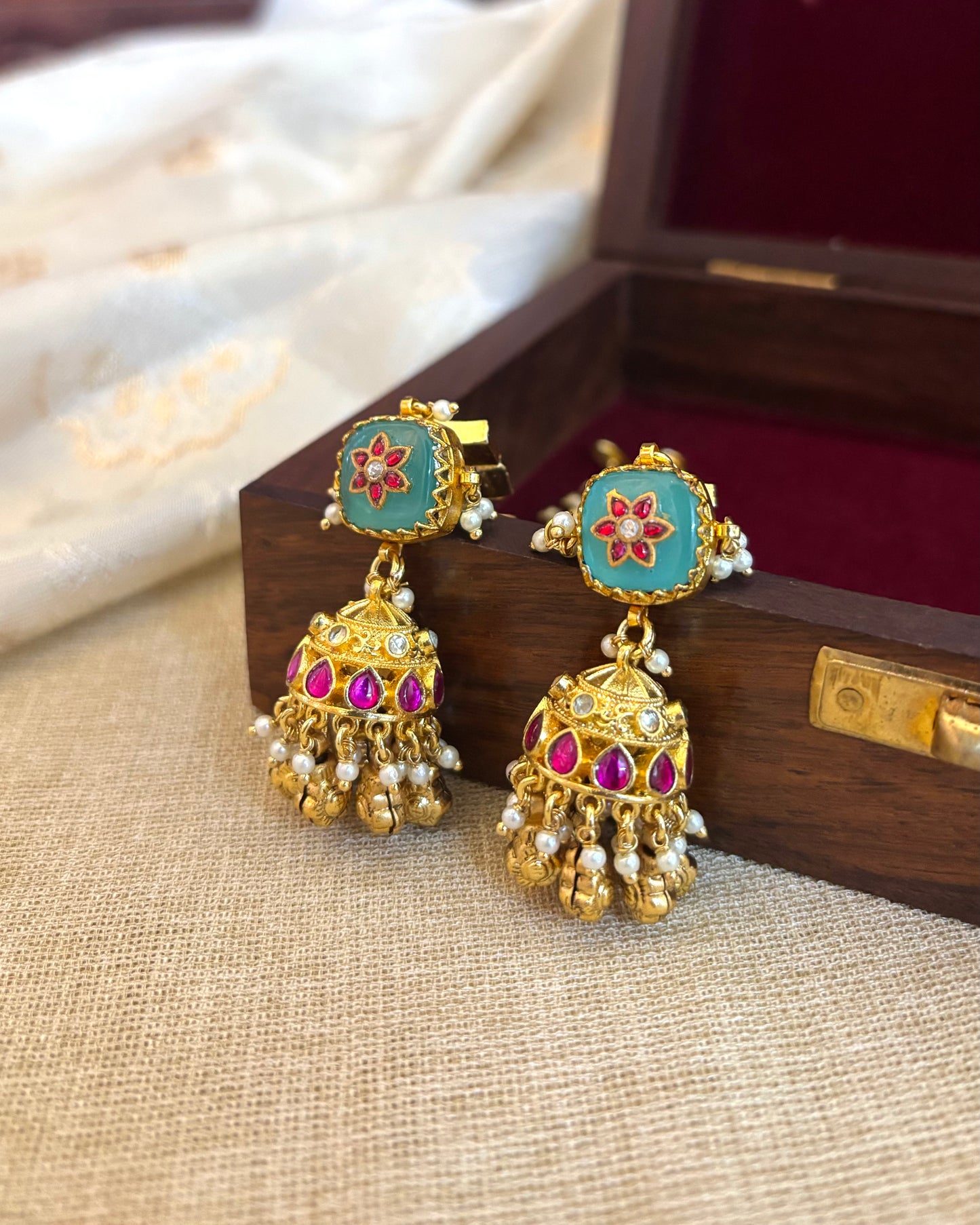 Pachi Kundan Multicolor Jhumkas with Straight Ear Chain – Statement Jewellery | ER118