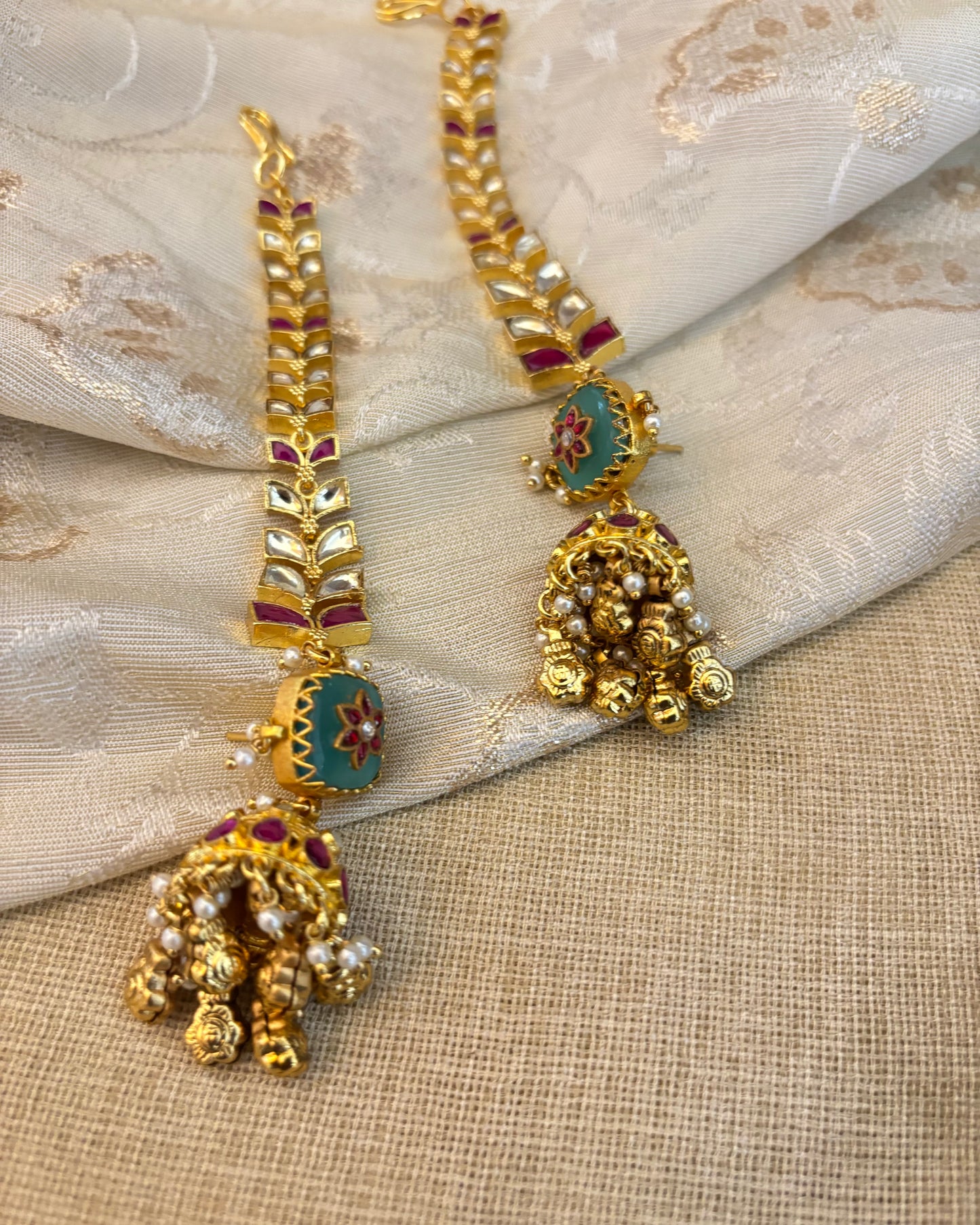 Pachi Kundan Multicolor Jhumkas with Straight Ear Chain – Statement Jewellery | ER118