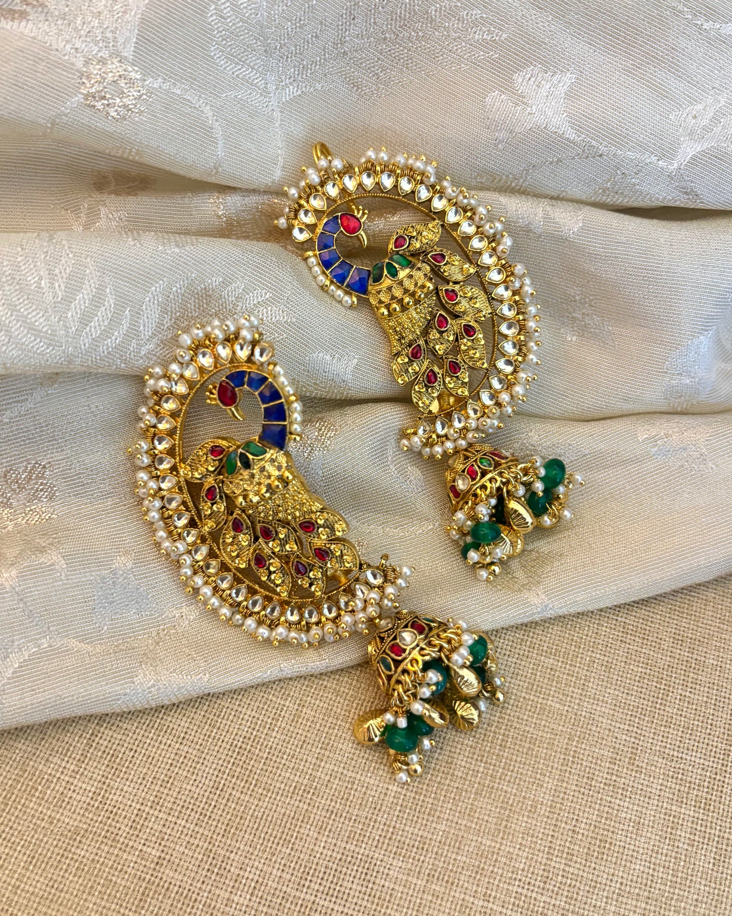 Regal Peacock Ear Cuff Jhumkas – Intricate Kundan Design | ER119