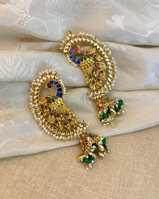 Regal Peacock Ear Cuff Jhumkas – Intricate Kundan Design | ER119