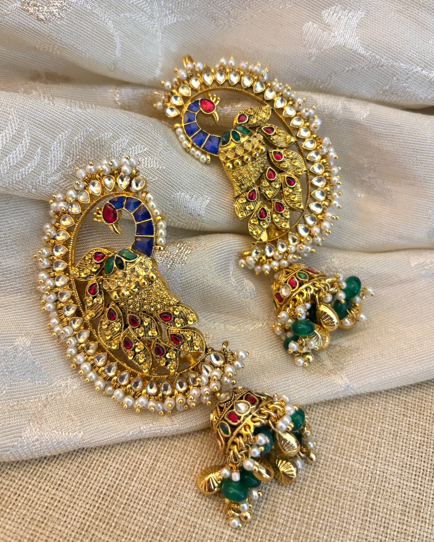 Regal Peacock Ear Cuff Jhumkas – Intricate Kundan Design | ER119