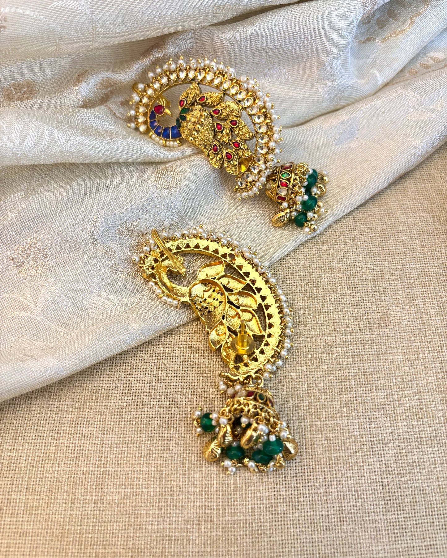 Regal Peacock Ear Cuff Jhumkas – Intricate Kundan Design | ER119