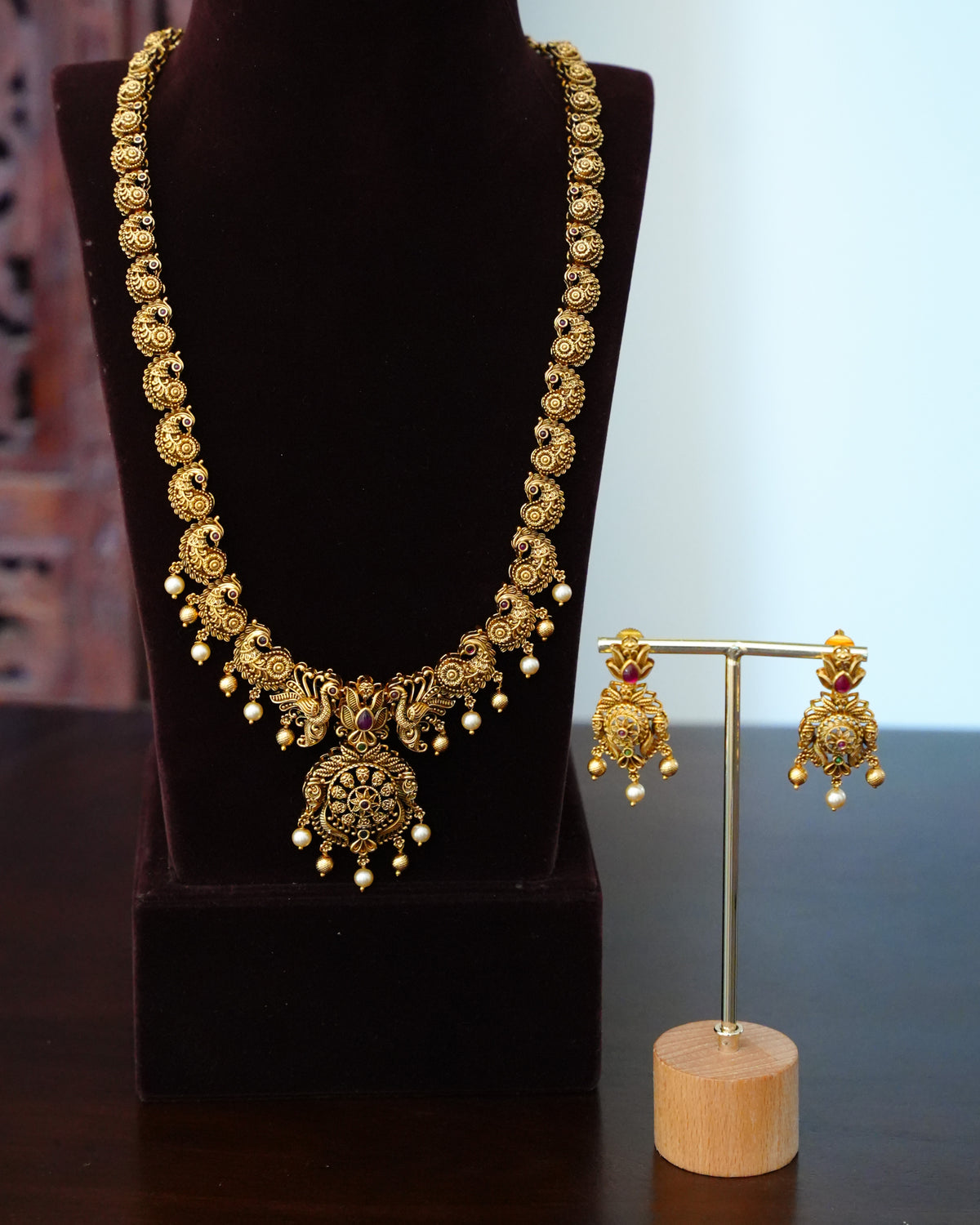 Antique Peacock Long Haram Necklace Set with Pearl Drops & Earrings