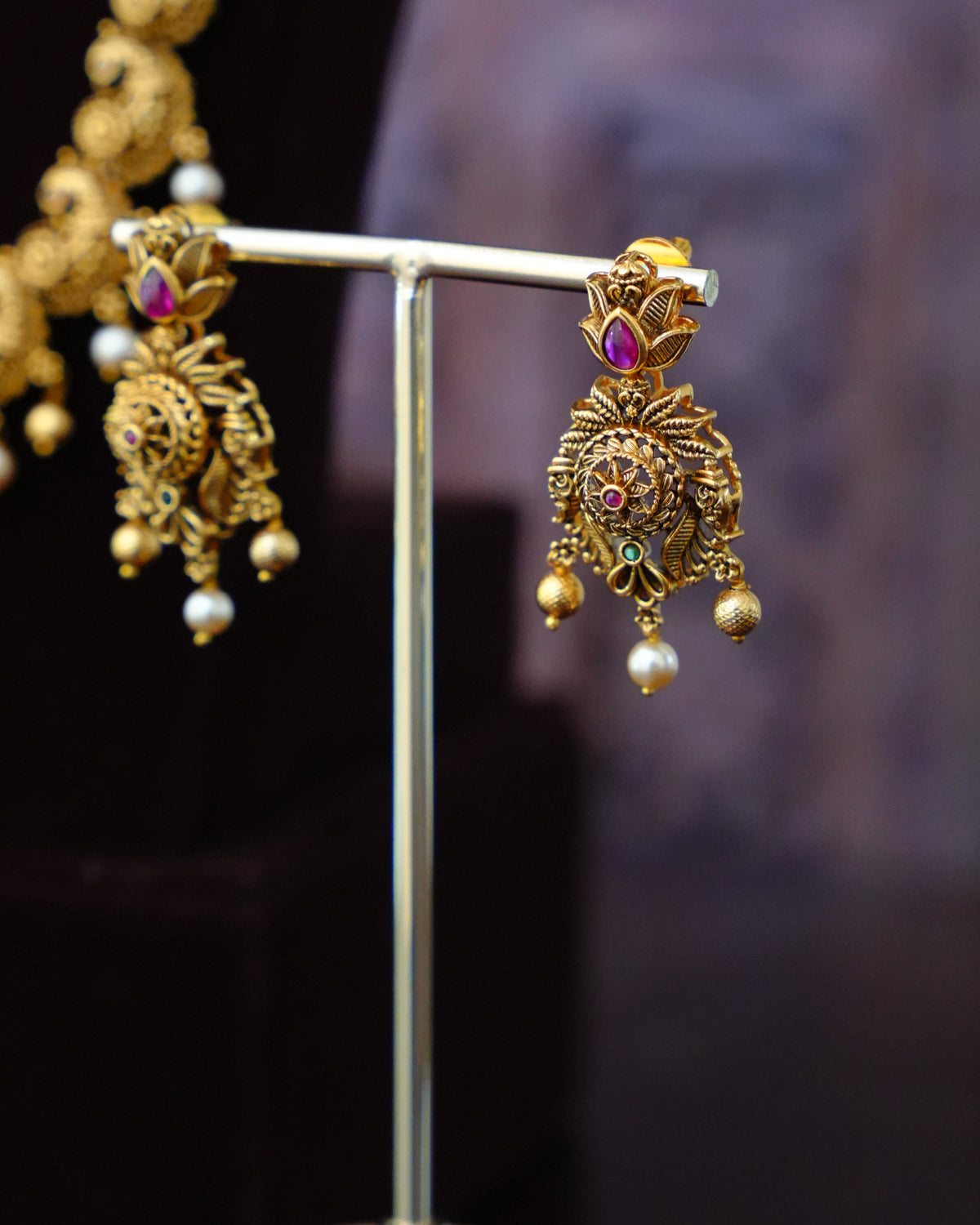 Antique Peacock Long Haram Necklace Set with Pearl Drops & Earrings