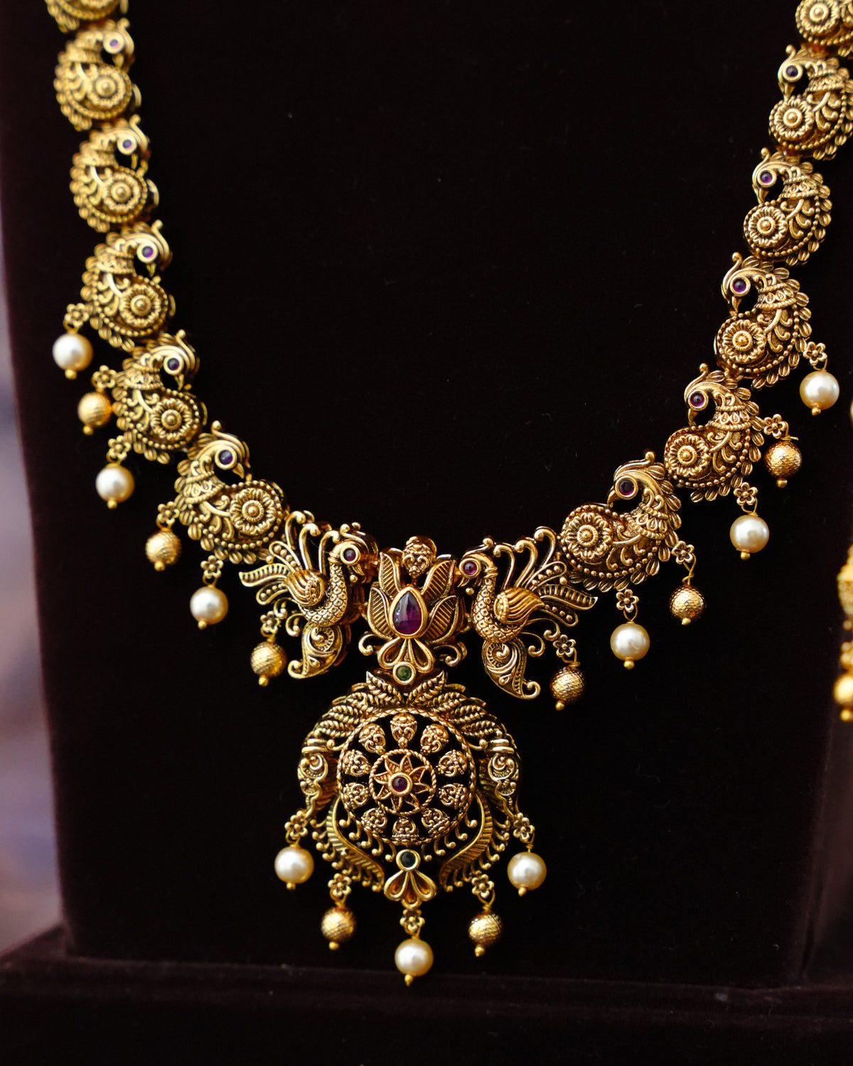 Antique Peacock Long Haram Necklace Set with Pearl Drops & Earrings