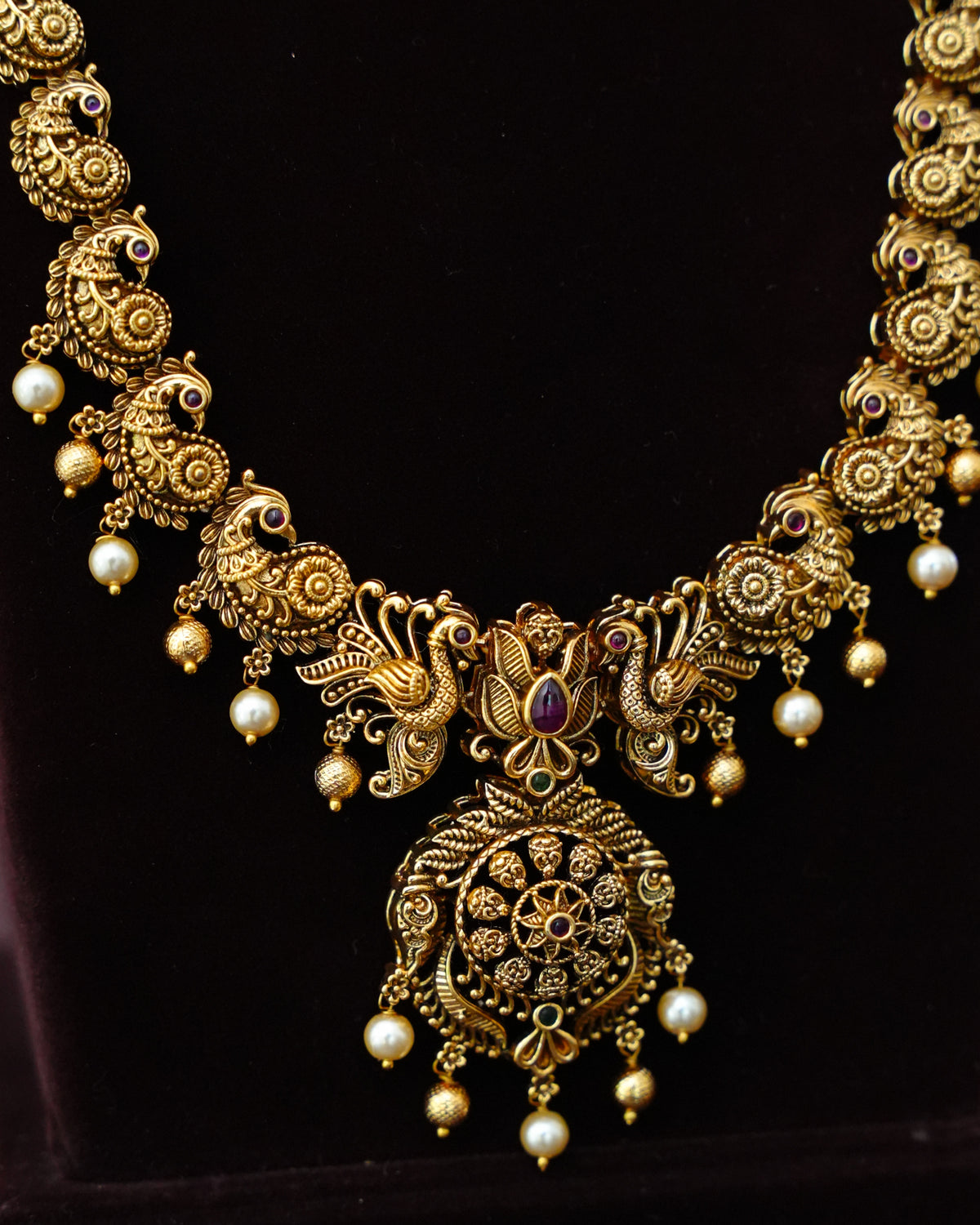 Antique Peacock Long Haram Necklace Set with Pearl Drops & Earrings