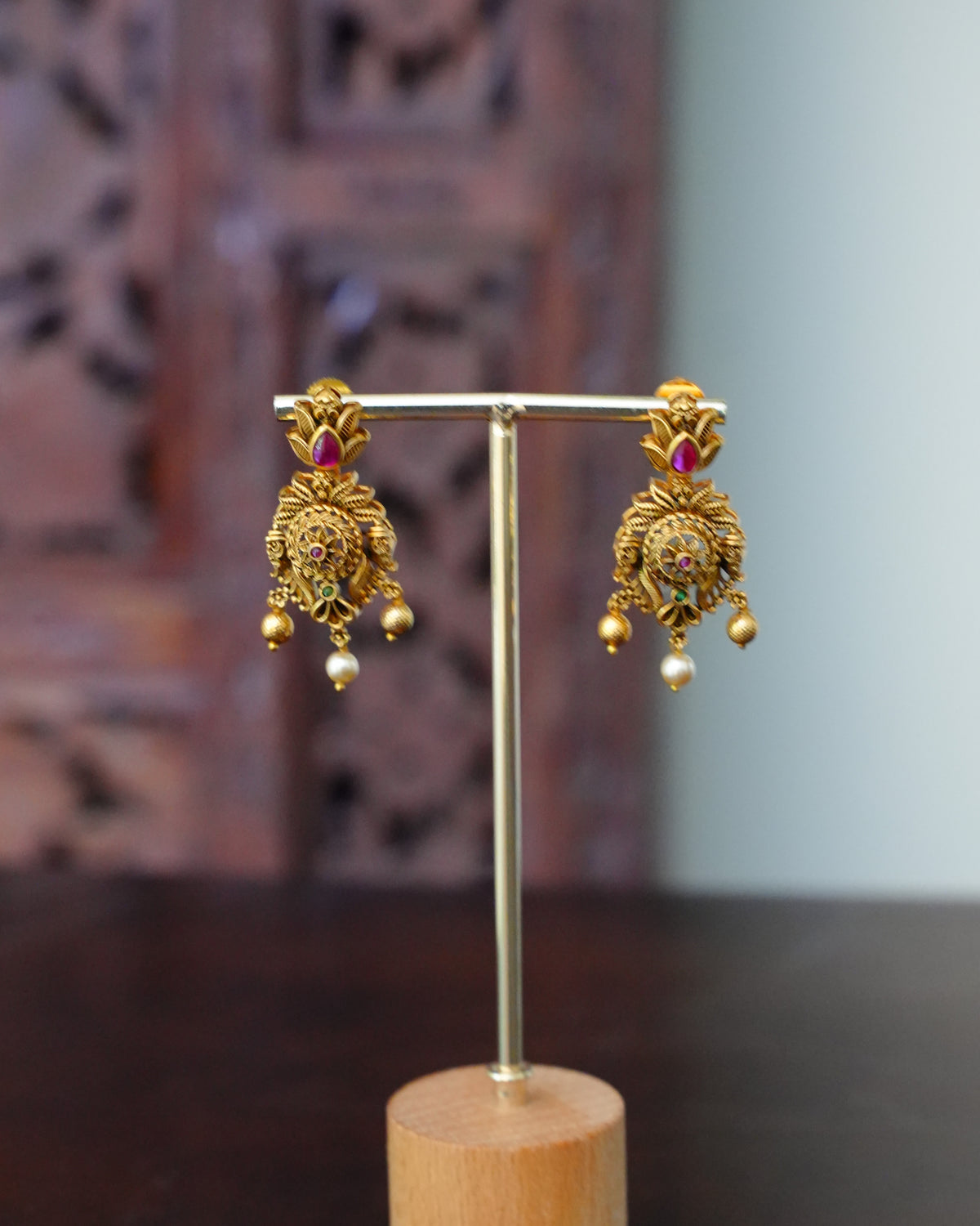 Antique Peacock Long Haram Necklace Set with Pearl Drops & Earrings